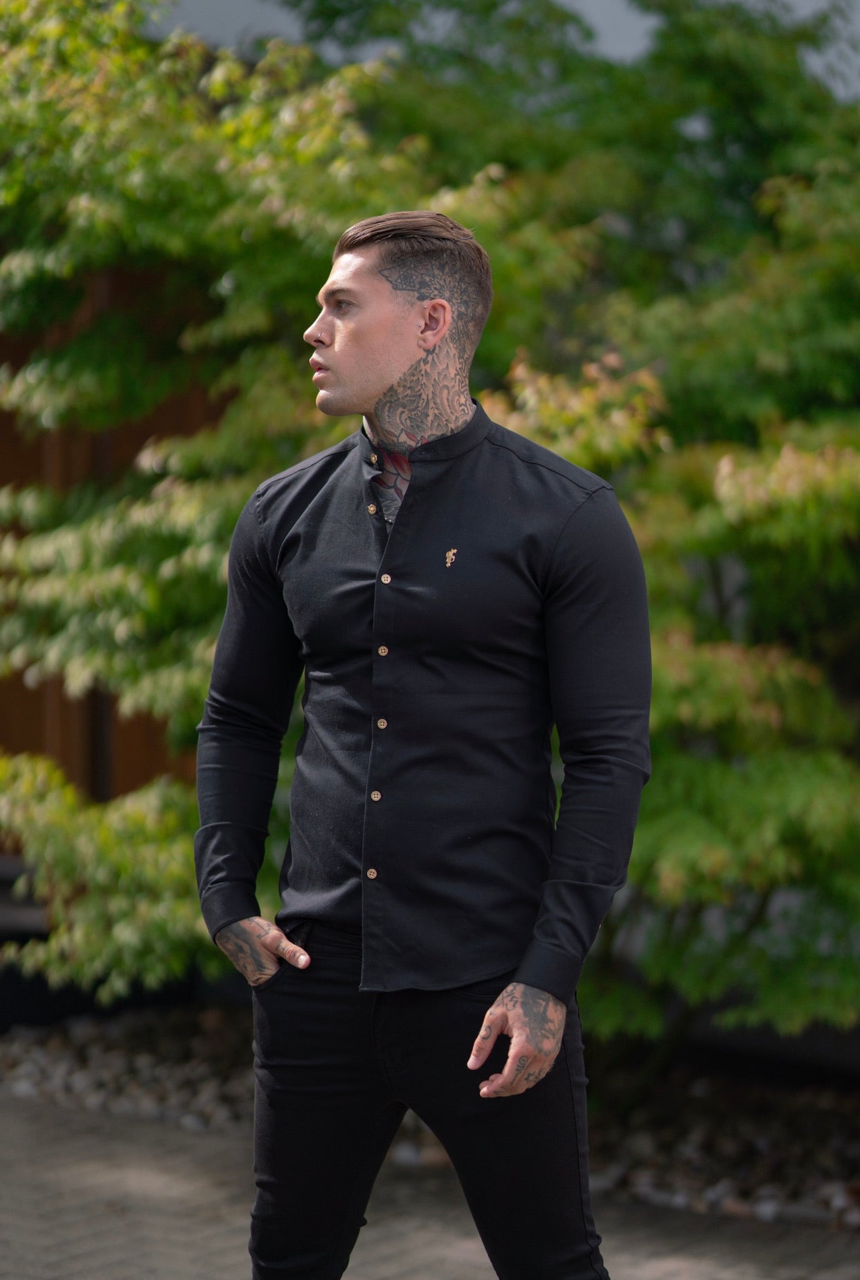 Super Slim Stretch Black Denim Long Sleeve Grandad collar with Metal Buttons and Decal Emblem - FS707