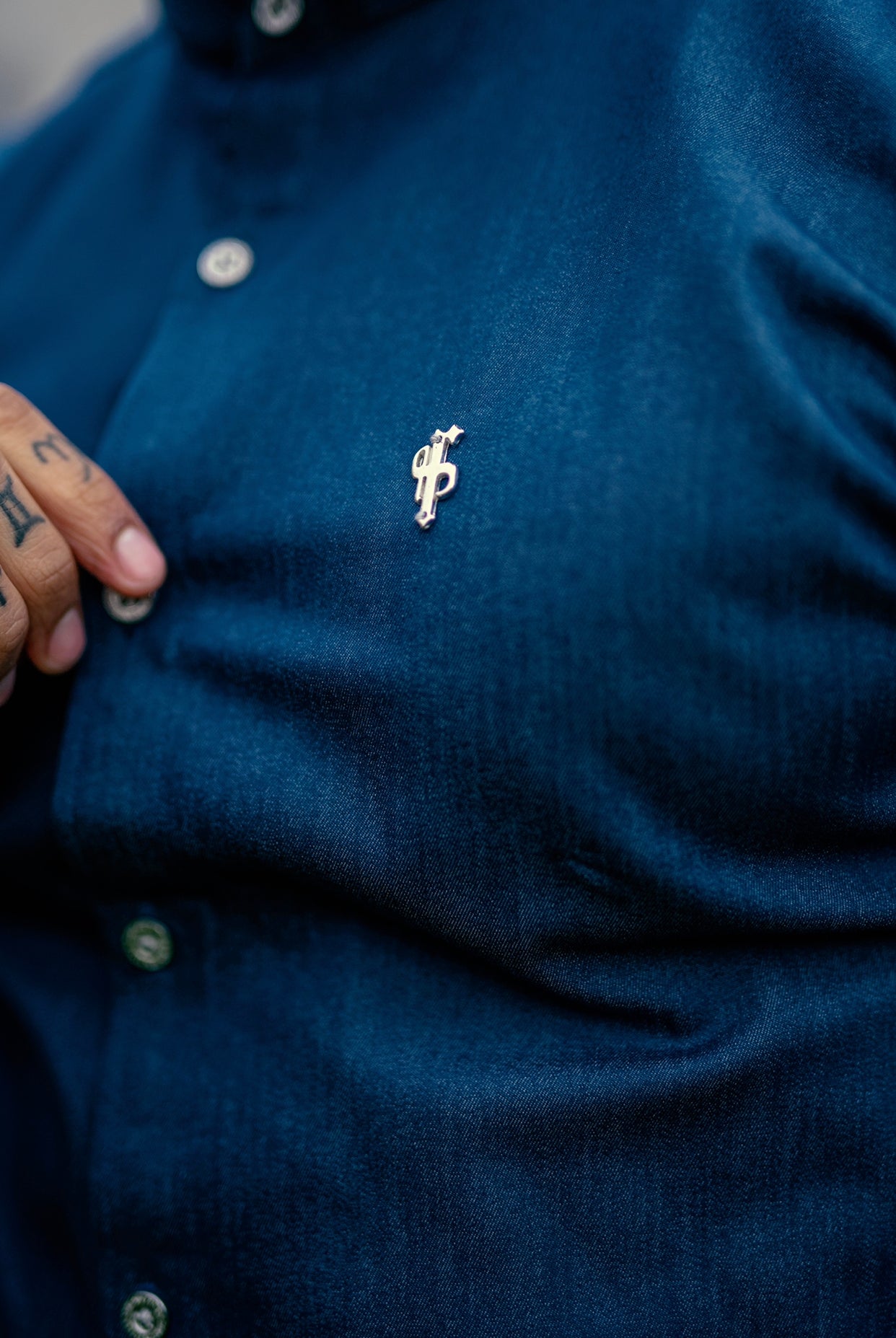 Super Slim Stretch Aegean Blue Denim Short Sleeve Grandad Collar with Metal Buttons and Decal Emblem - FS776