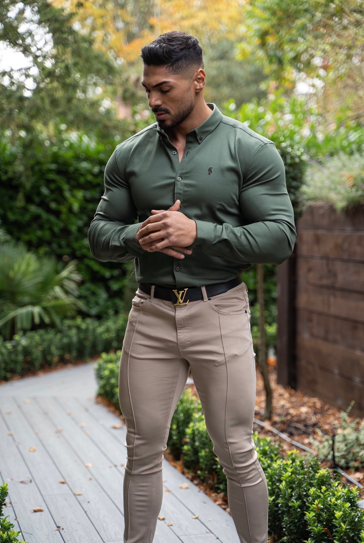 Super Slim Stretch Khaki Denim Long Sleeve with Metal Decal Emblem - FS632