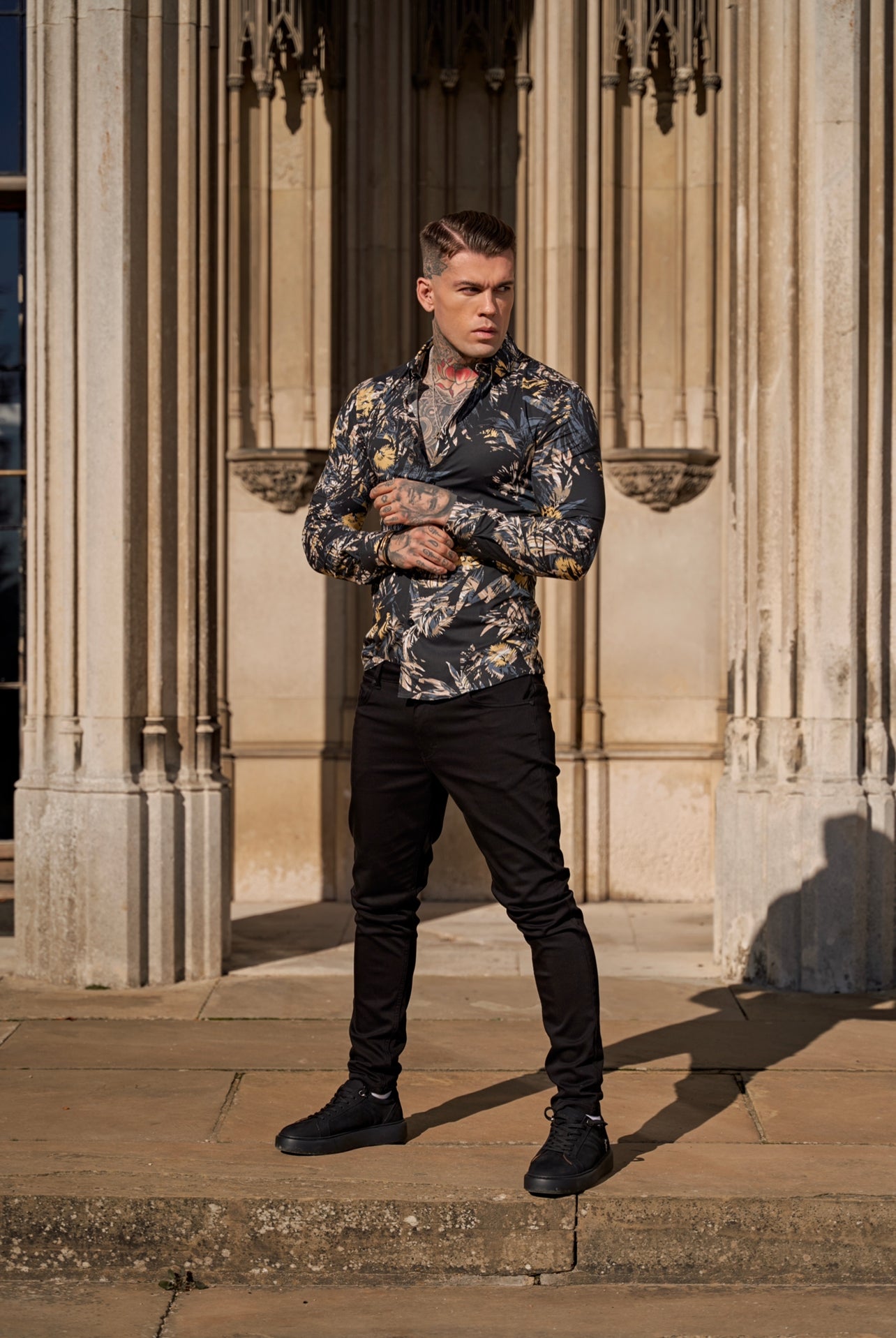 Super Slim Stretch Dark Jungle Print Long Sleeve with Button Down Collar - FS906