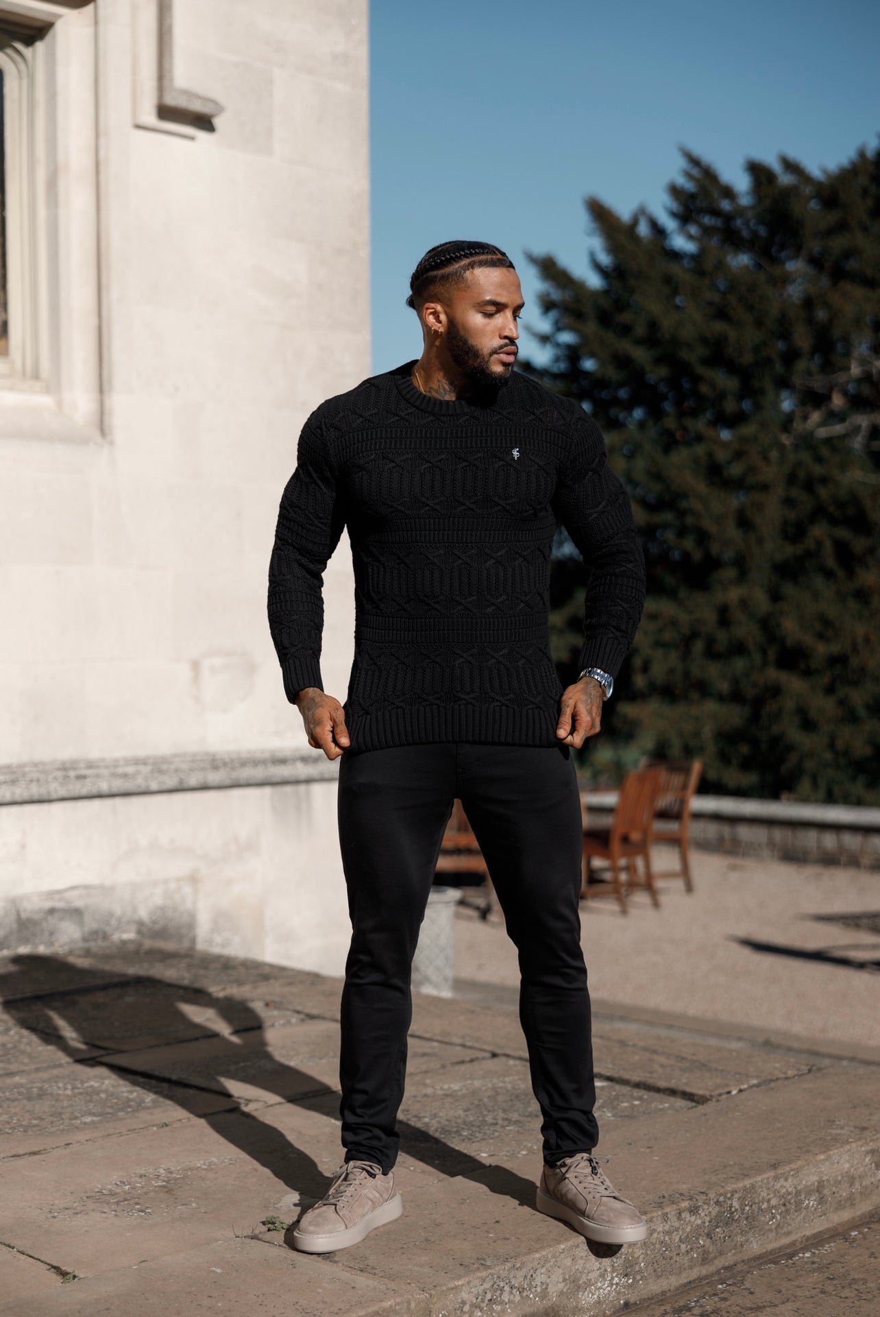 Black Knitted Cable Link Crew Super Slim Jumper With Metal Decal - FSN068