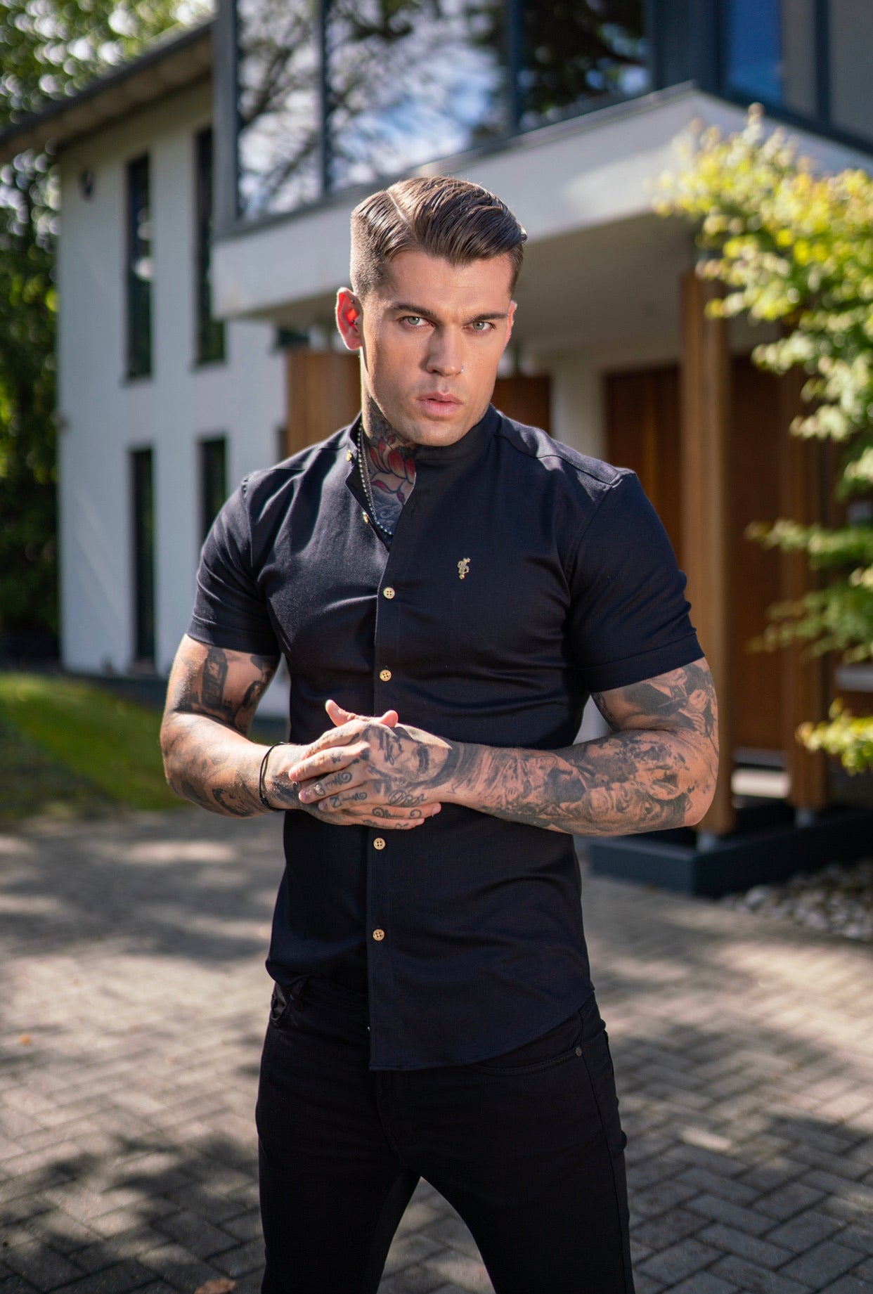 Super Slim Stretch Black Denim Short Sleeve Grandad collar with Metal Buttons and Decal Emblem - FS708