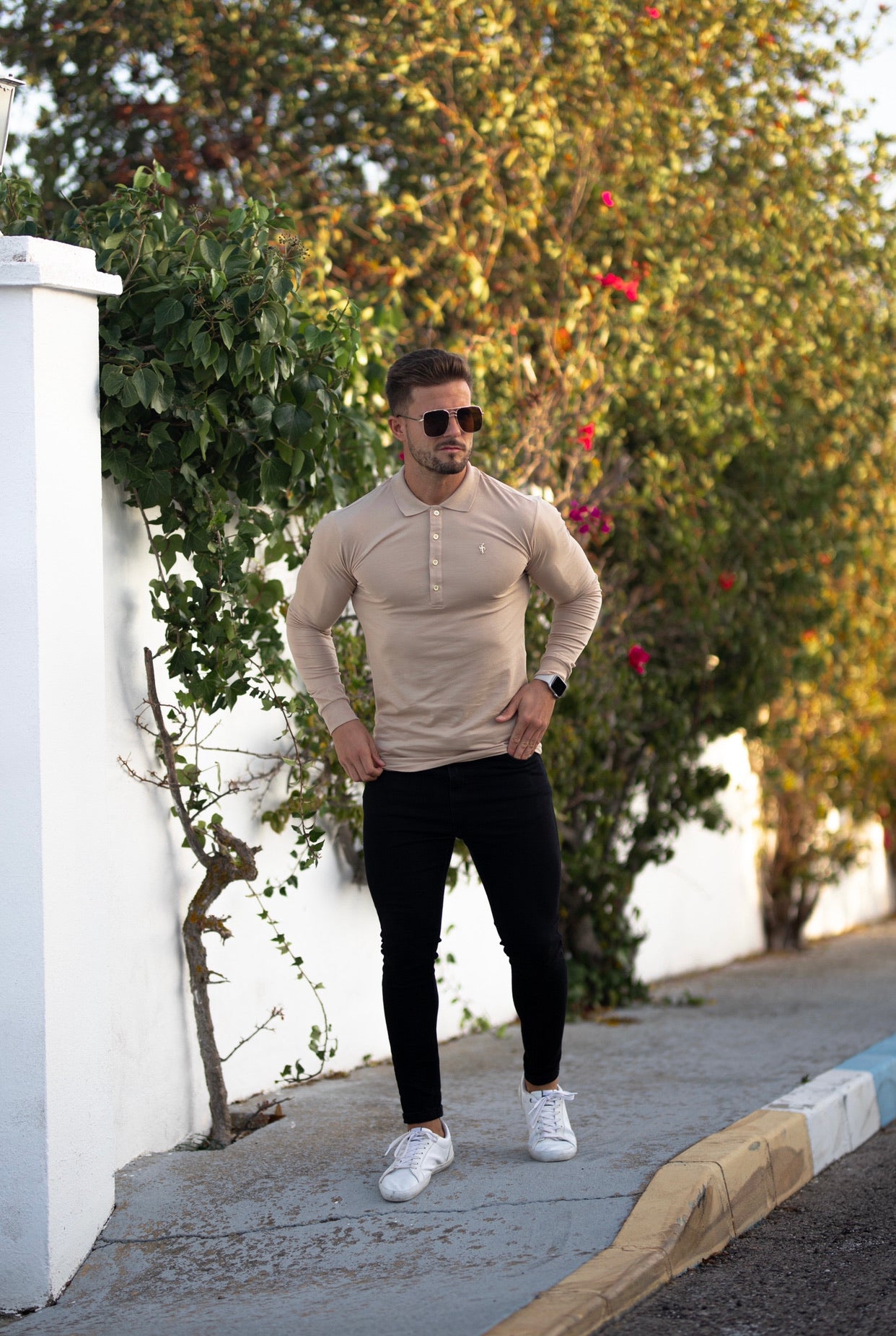 Classic Beige Long Polo Shirt with Gold Metal Emblem Decal & Buttons - FSH518