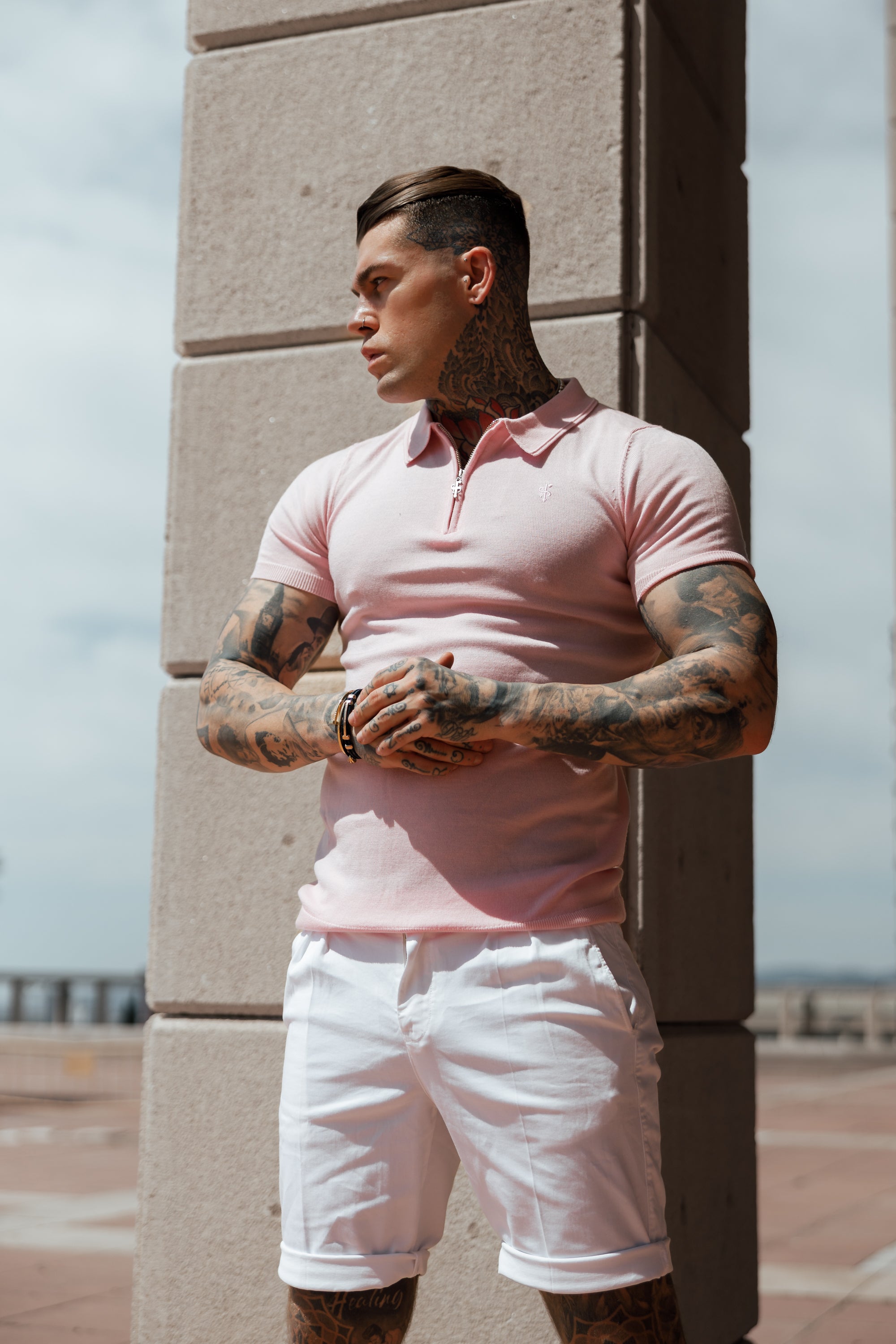 Classic Pale Pink Merino Wool Knitted Zip Polo Short Sleeve Jumper With FS Embroidery- FSN029