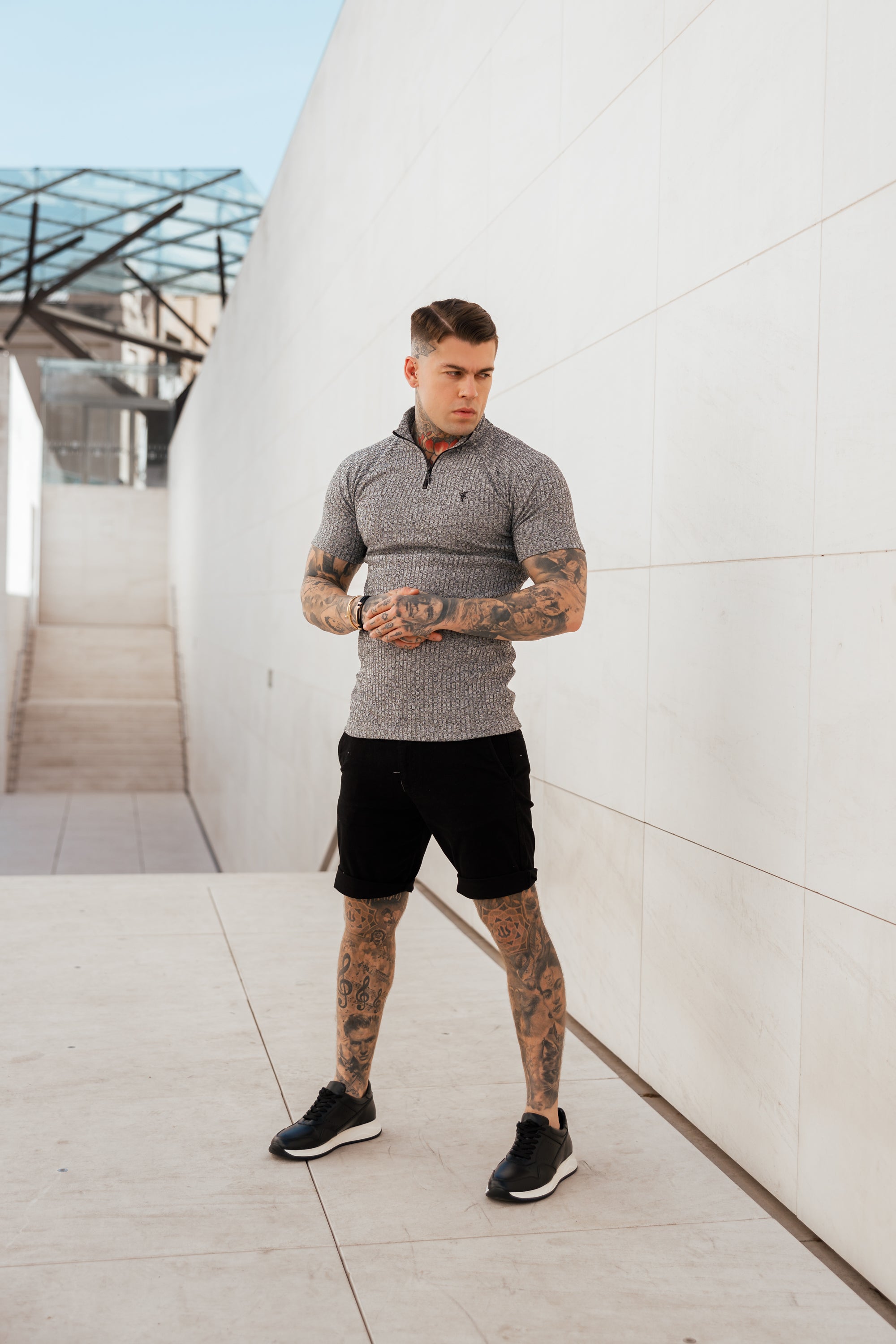 Classic Grey Ribbed Zip Funnel Neck Raglan Short Sleeve Crew - FSH730