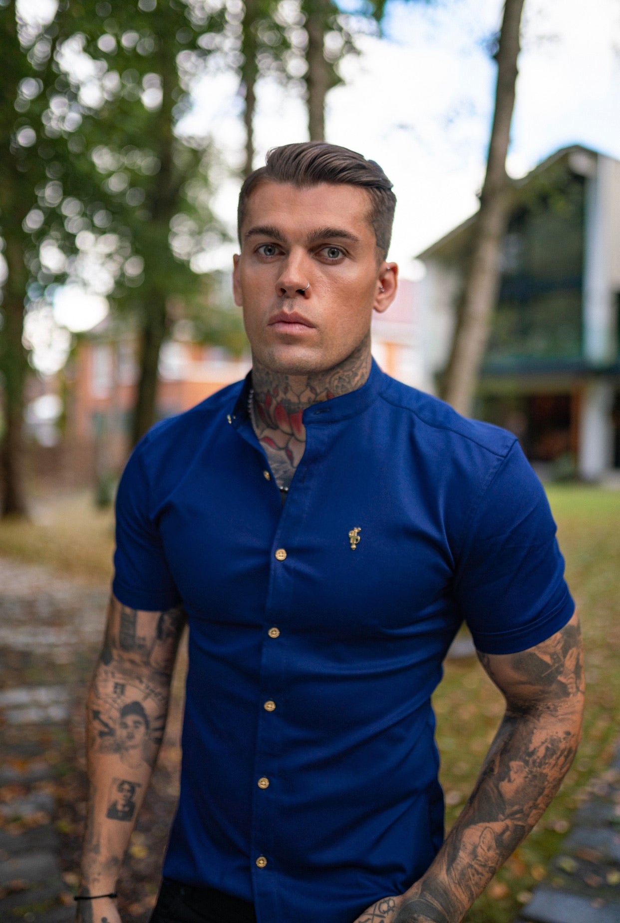 Super Slim Stretch Navy Denim Short Sleeve Grandad collar with Metal Buttons and Decal Emblem - FS714