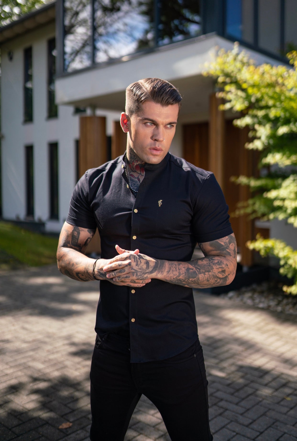 Super Slim Stretch Black Denim Short Sleeve Grandad collar with Metal Buttons and Decal Emblem - FS708