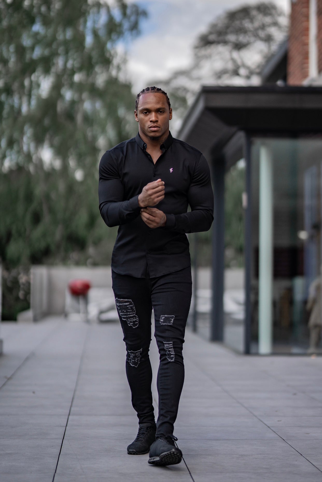 Super Slim Stretch Black Denim Long Sleeve with Metal Decal Emblem - FS642