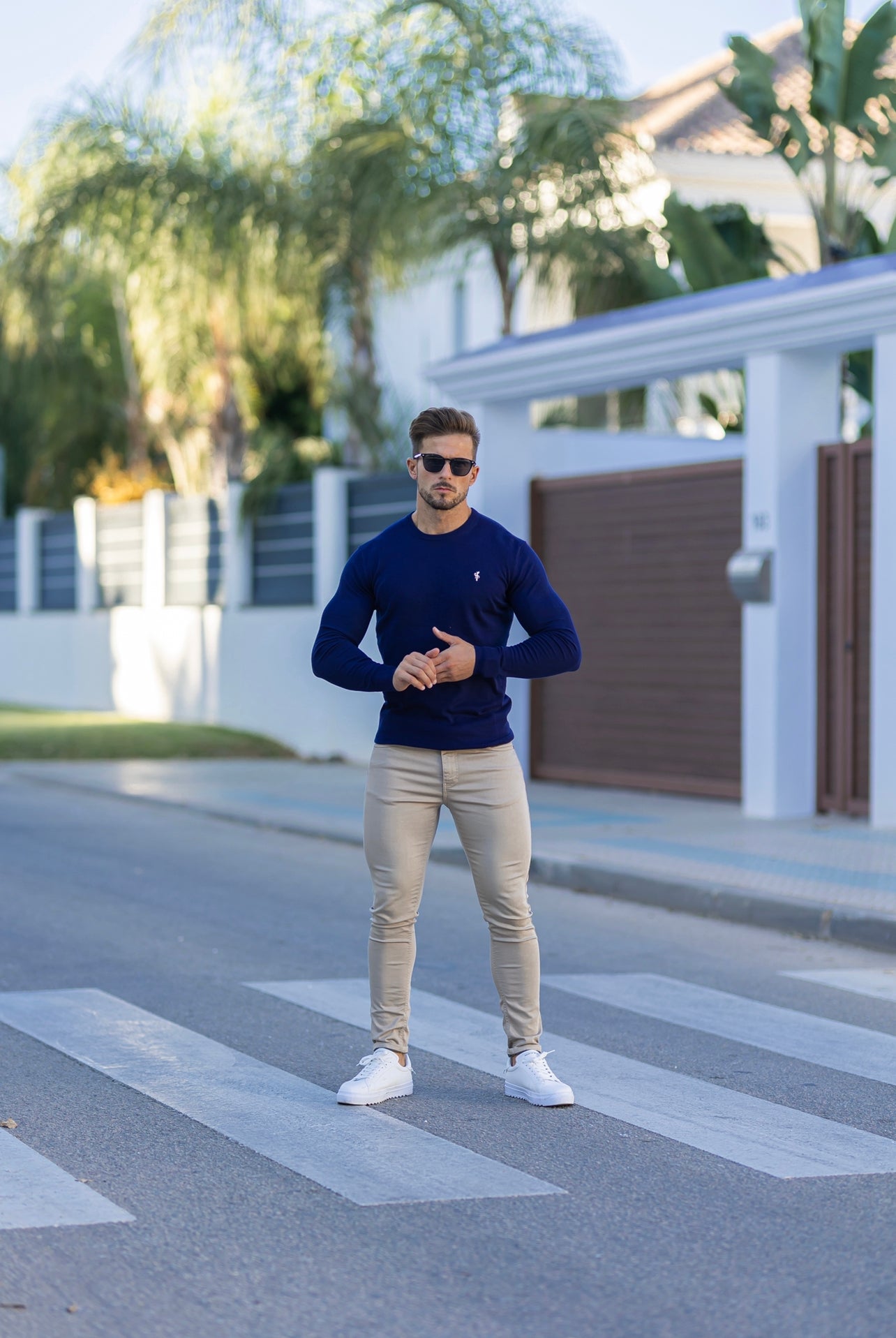 Classic Navy Crew Neck Knitted Jumper with Yellow Embroidery - FSN089