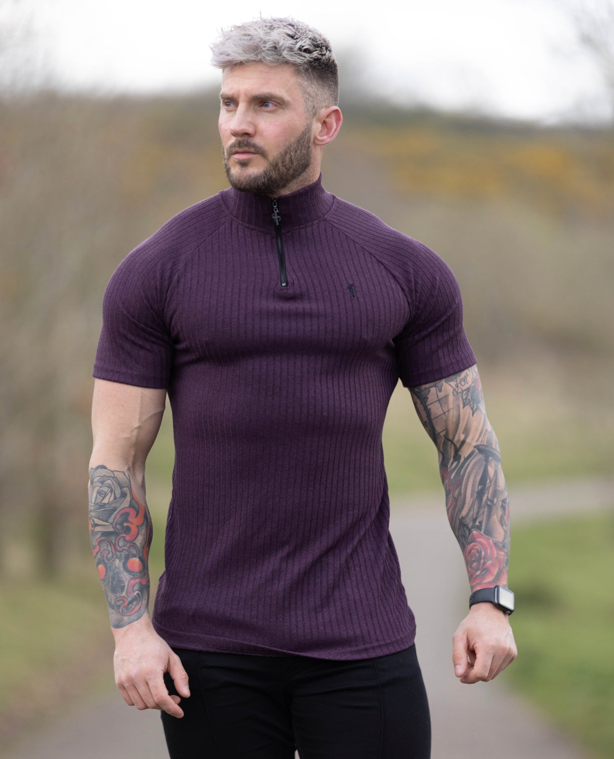 Classic Plum Ribbed Zip Funnel Neck Raglan Short Sleeve Crew - FSH732