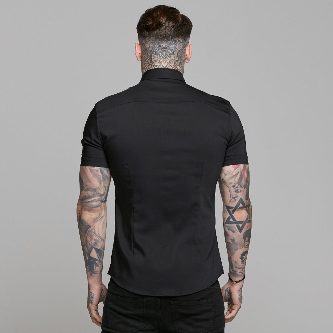 Super Slim Ultra Stretch Classic Black Short Sleeve (Khaki Embroidery) - FS481