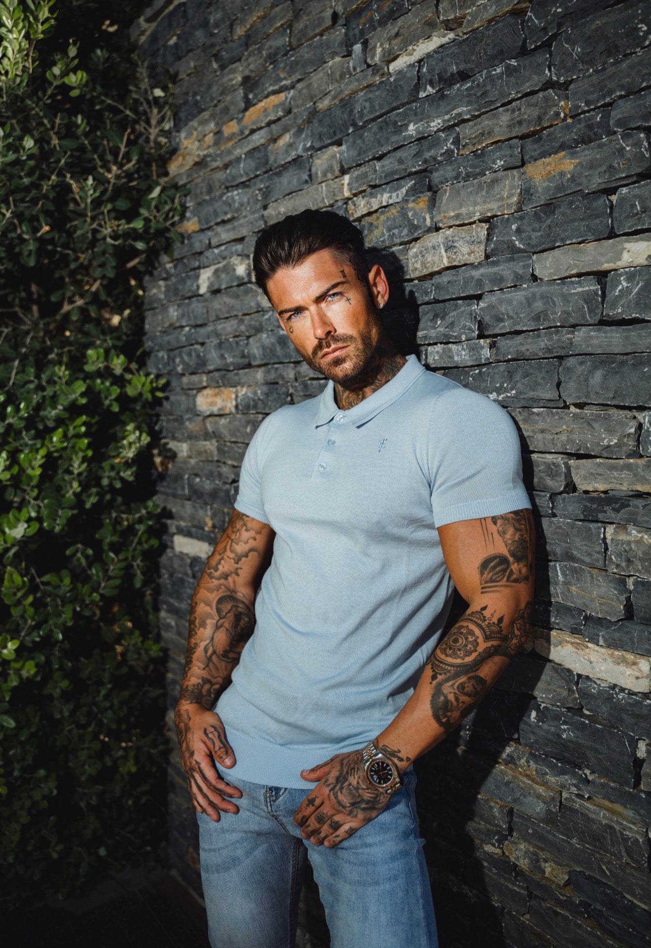 Classic Powder Blue Merino Wool Knitted Polo Jumper Short Sleeve With FS Embroidery- FSN030