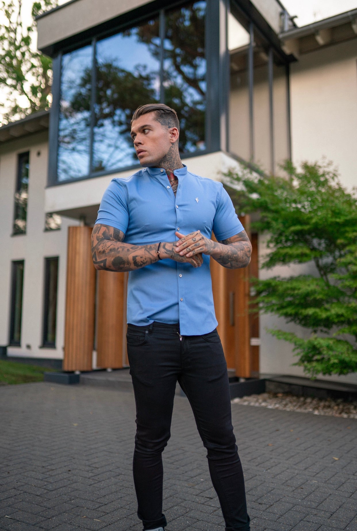 Super Slim Stretch Light Blue Denim Short Sleeve Grandad collar with Silver Metal Buttons and Decal Emblem - FS718