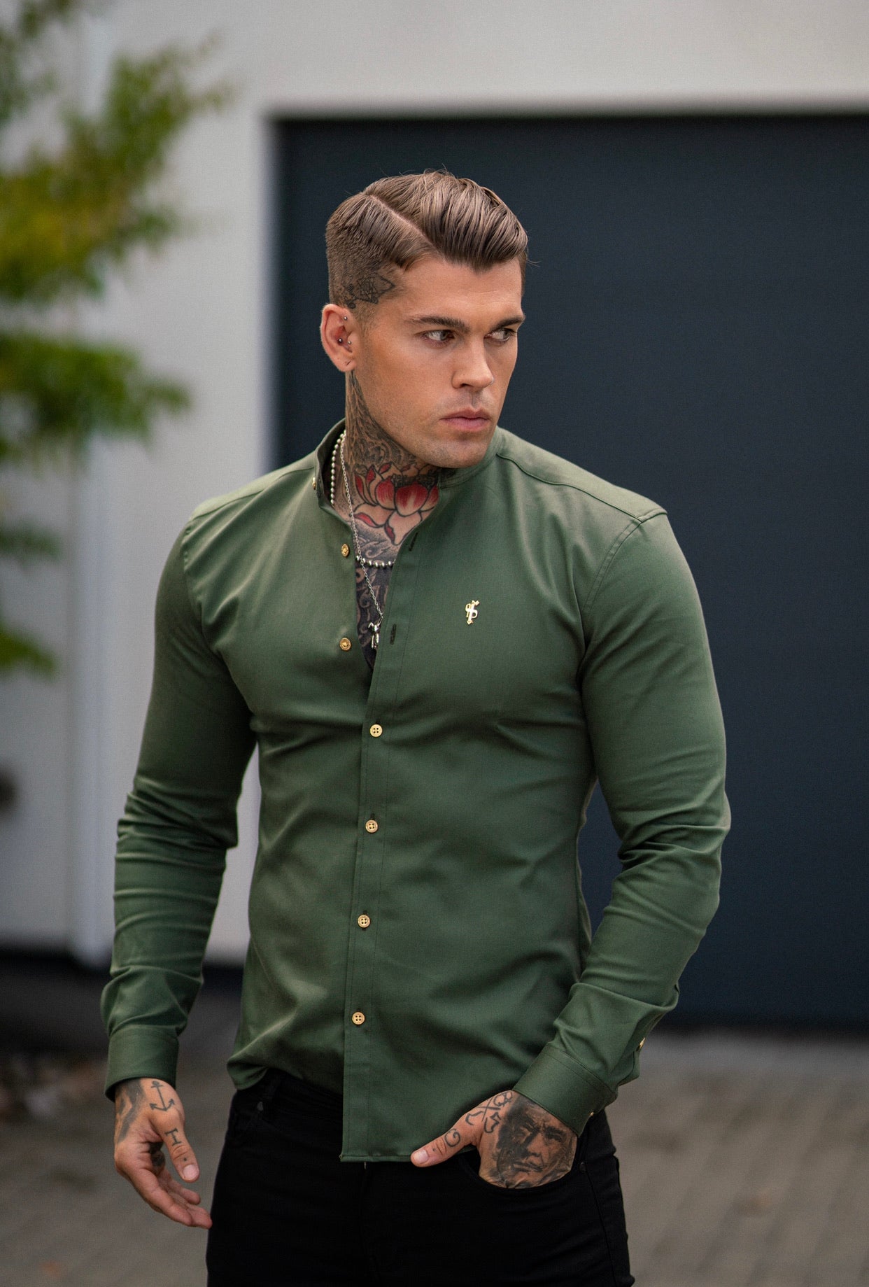 Super Slim Stretch Khaki Denim Long Sleeve Grandad collar with Metal Buttons and Decal Emblem - FS715