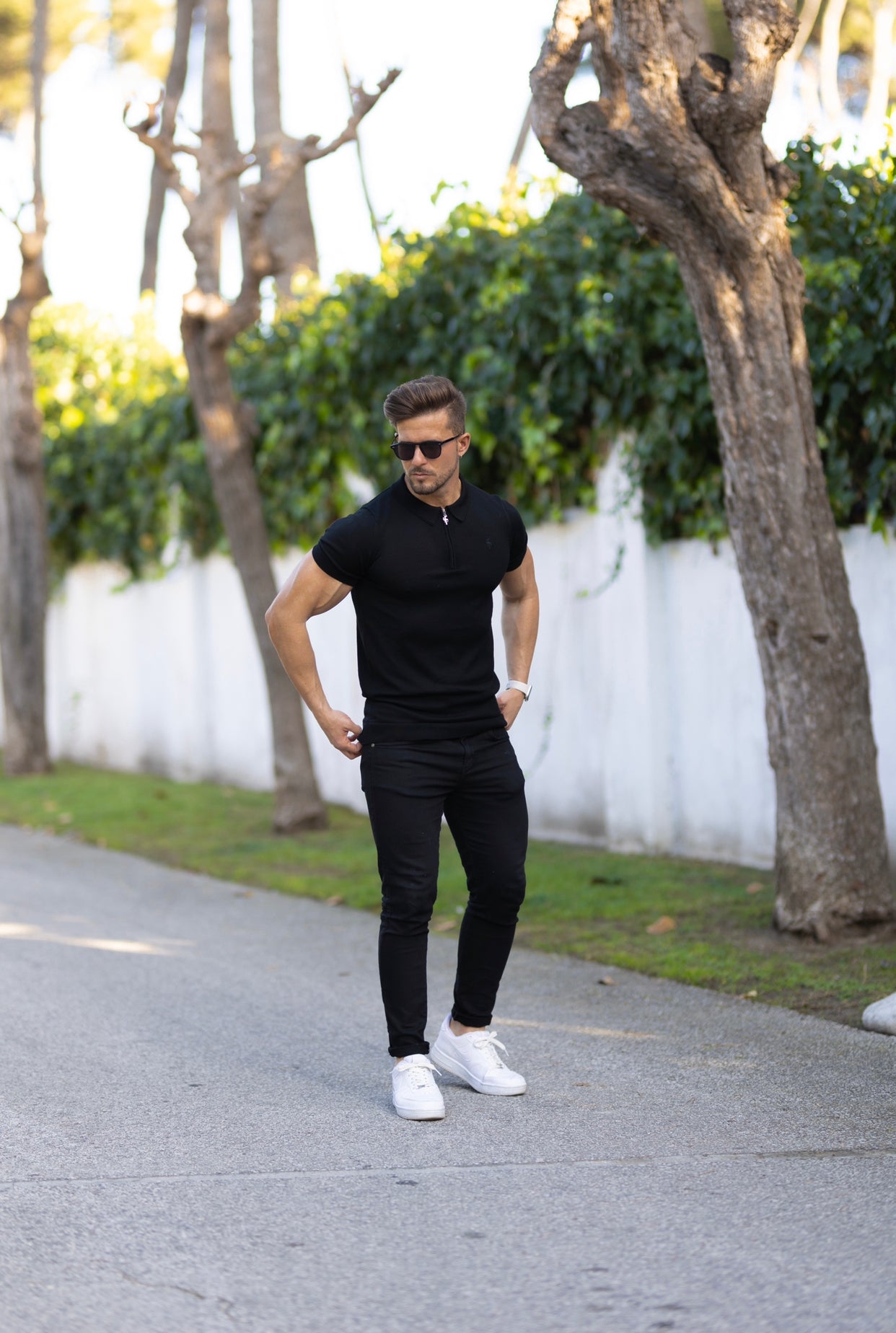 Classic Black Merino Wool Knitted Zip Polo Short Sleeve Jumper With FS Embroidery- FSN023