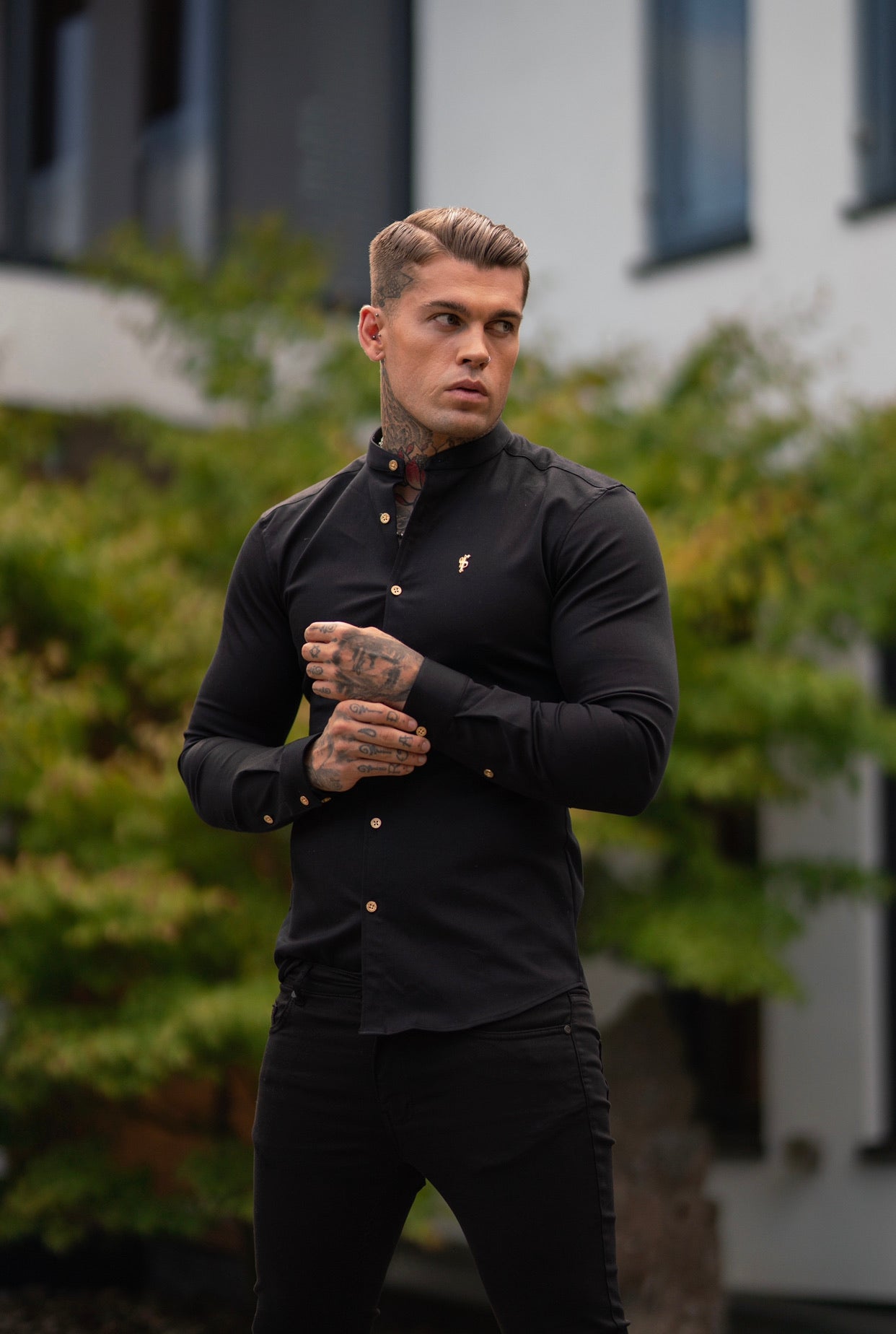 Super Slim Stretch Black Denim Long Sleeve Grandad collar with Metal Buttons and Decal Emblem - FS707