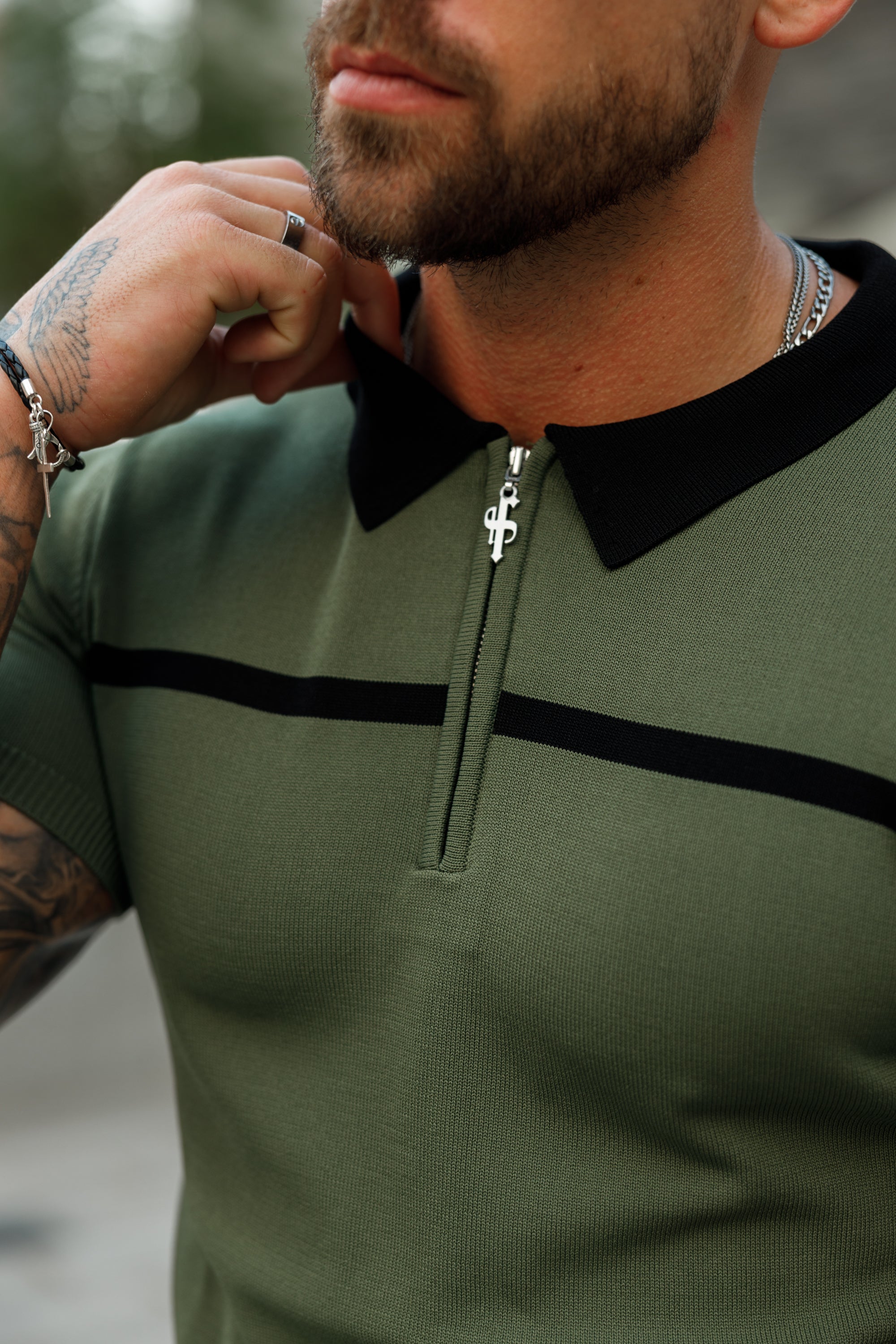 Classic Khaki / Black Horizontal Stripe Zipped Polo Short Sleeve - FSN042