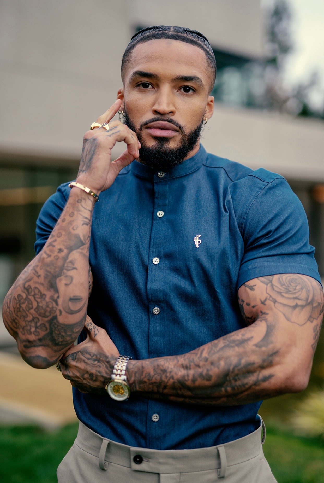 Super Slim Stretch Aegean Blue Denim Short Sleeve Grandad Collar with Metal Buttons and Decal Emblem - FS776