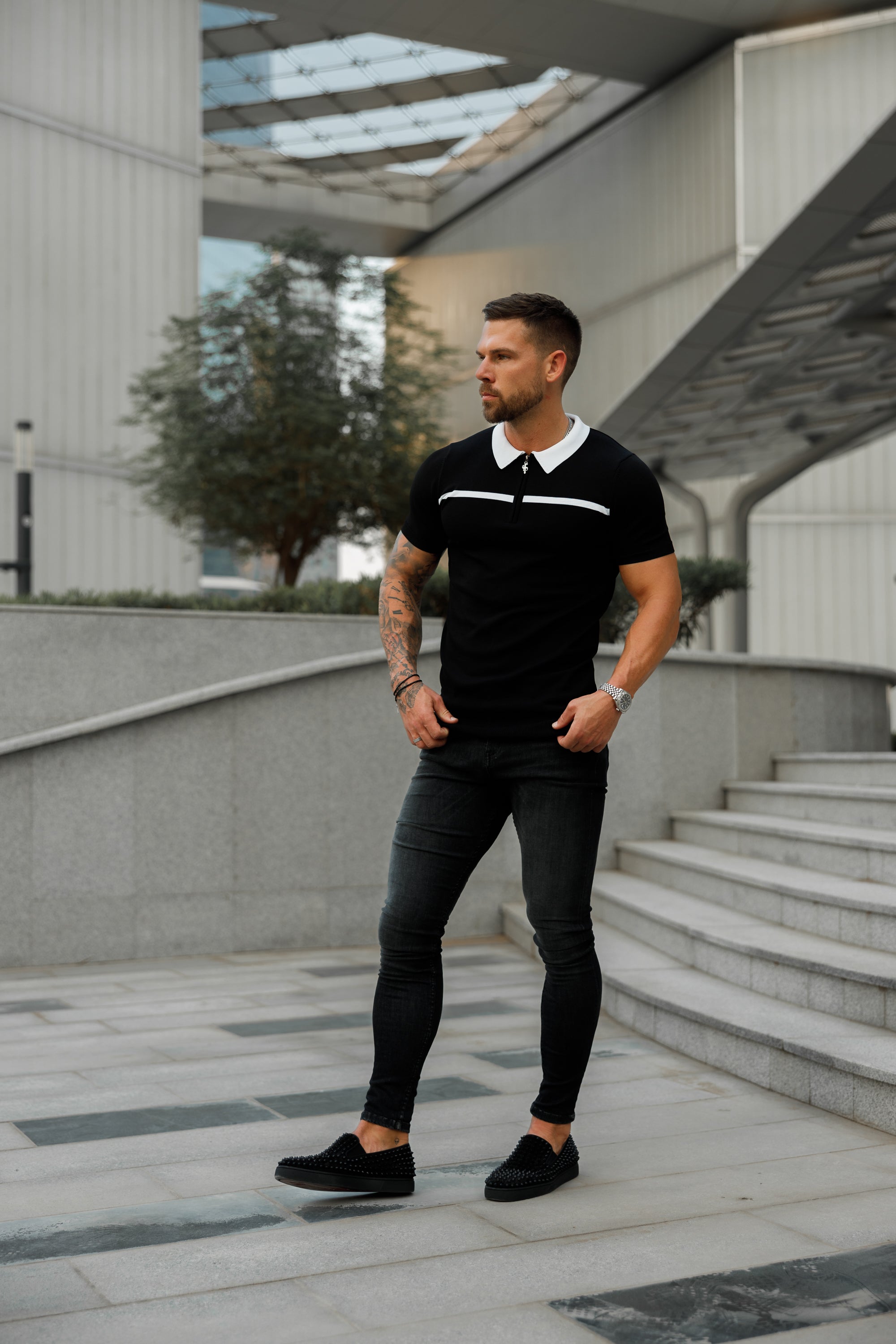Classic Black / White Horizontal Stripe Zipped Polo Short Sleeve - FSN038