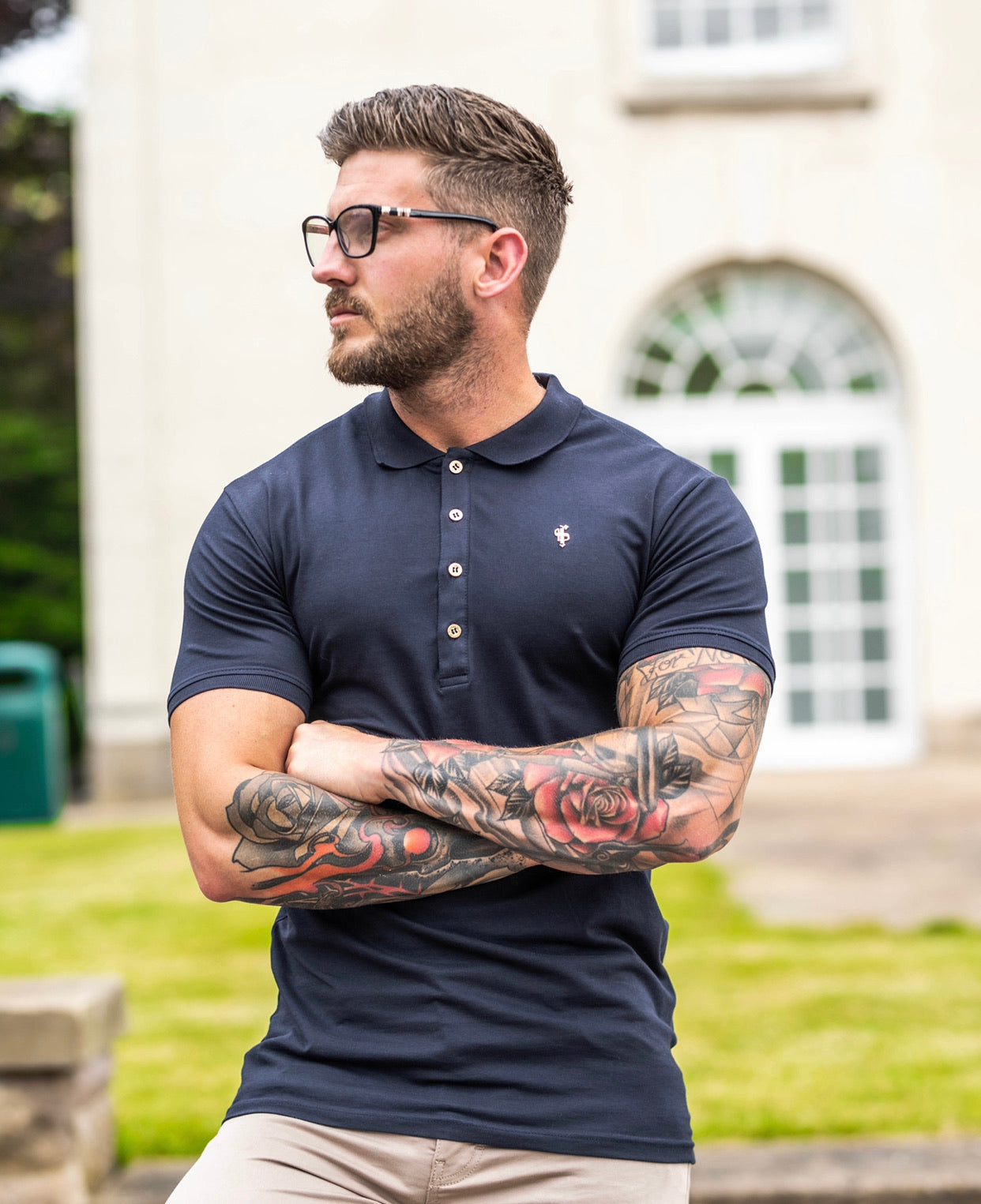 Classic Navy Polo Shirt with Gold Metal Emblem Decal & Buttons - FSH462