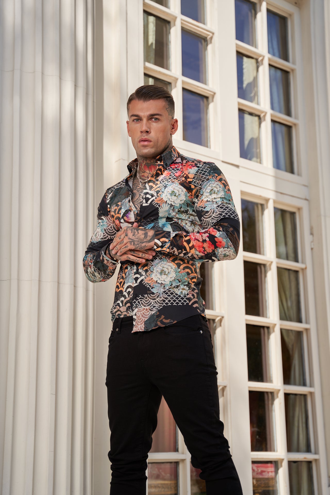 Super Slim Stretch Multi Oriental Print Long Sleeve with Button Down Collar - FS771