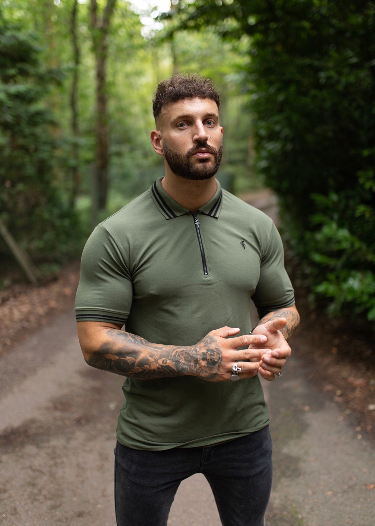 Khaki and Black Collar Contrast Zip Polo - FSH337