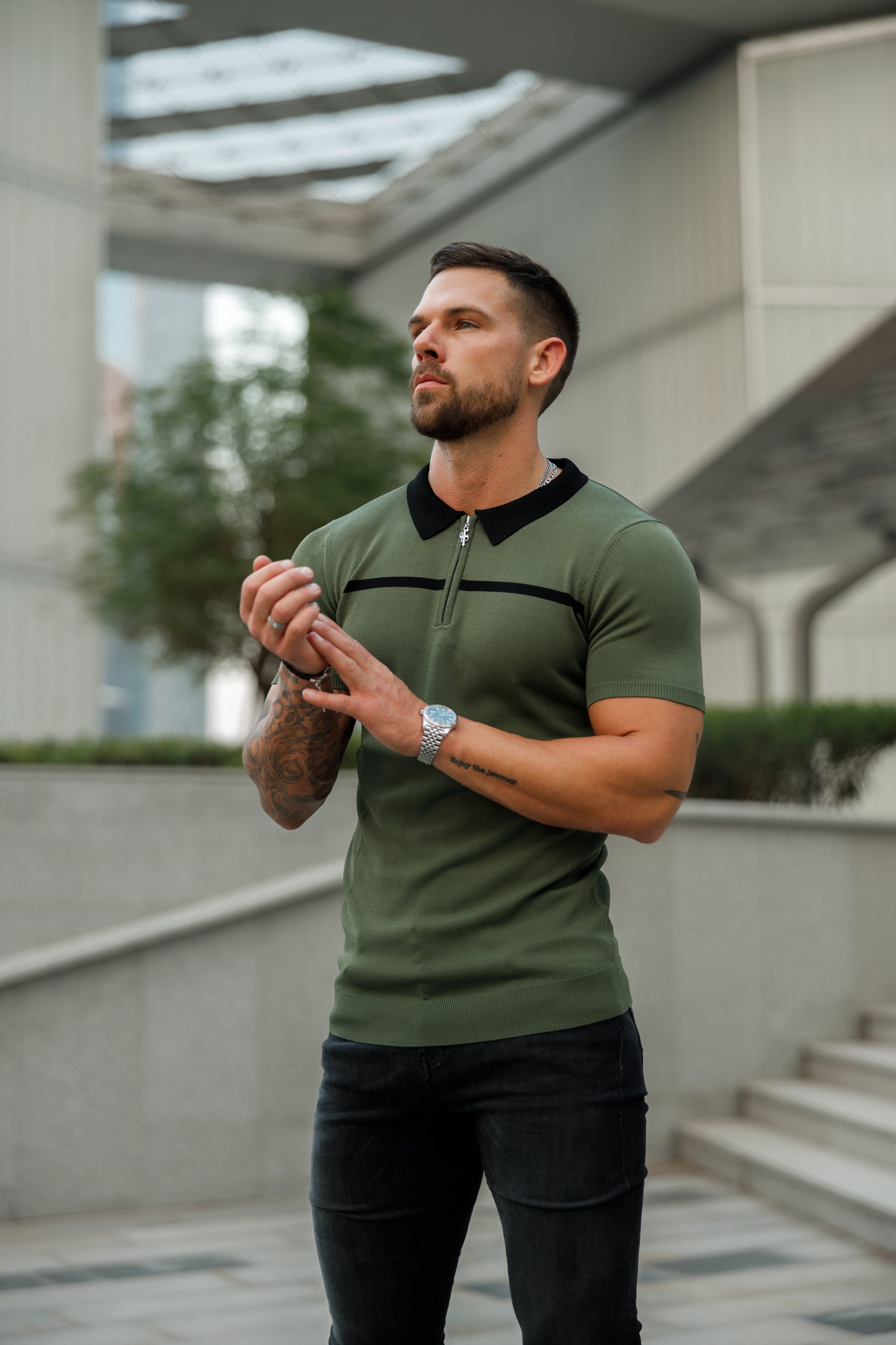 Classic Khaki / Black Horizontal Stripe Zipped Polo Short Sleeve - FSN042