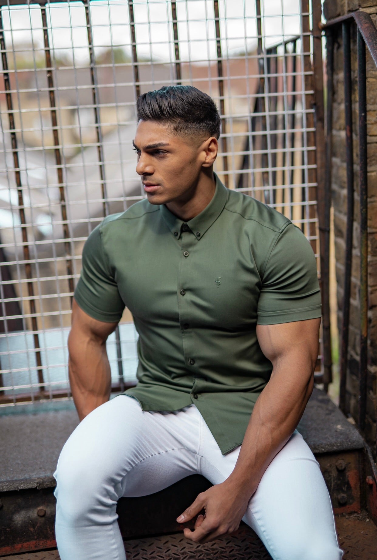 Super Slim Stretch Khaki Denim Short Sleeve - FS203
