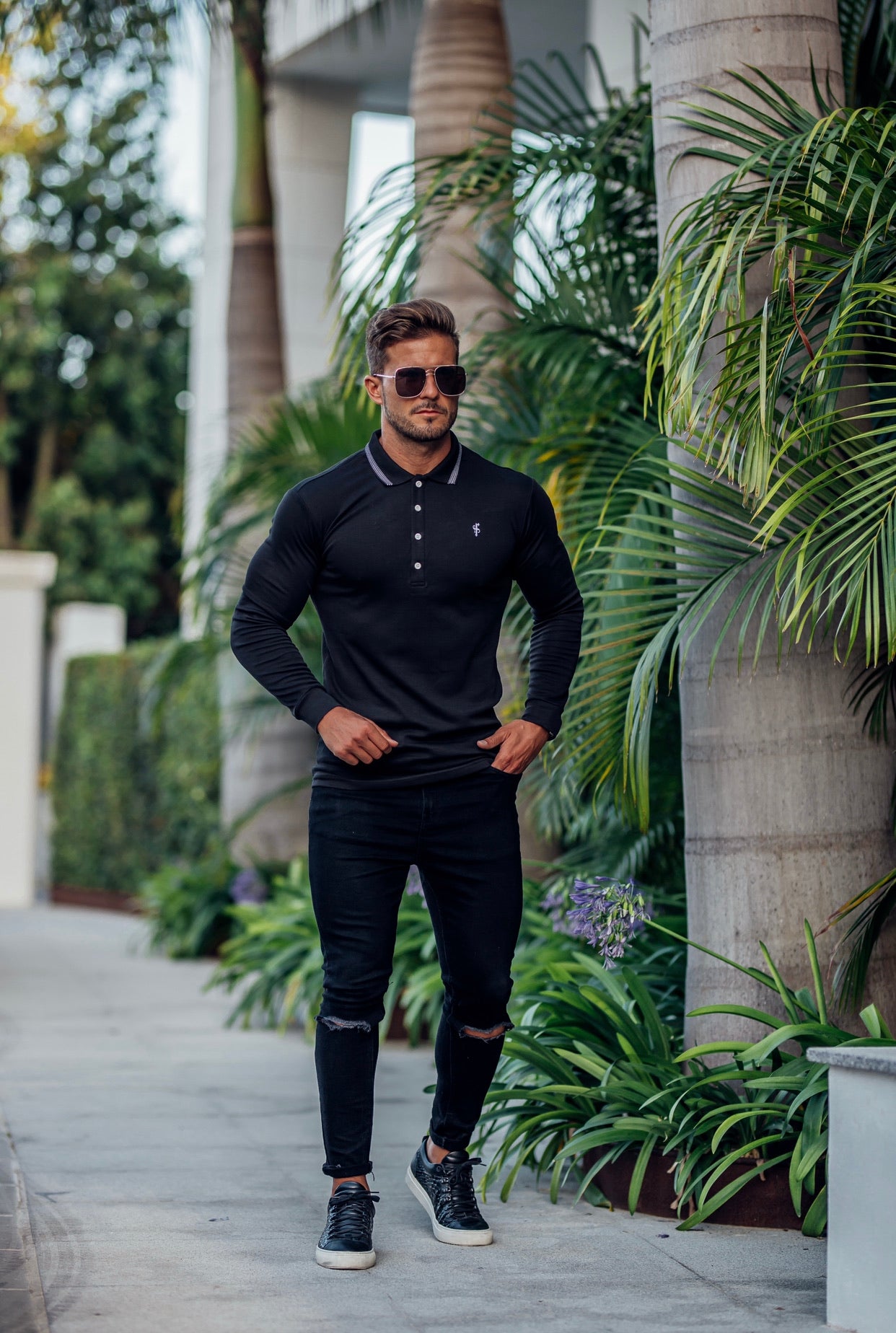 Classic Black Pima Polo Shirt with Contrast Collar Long Sleeve - FSH426