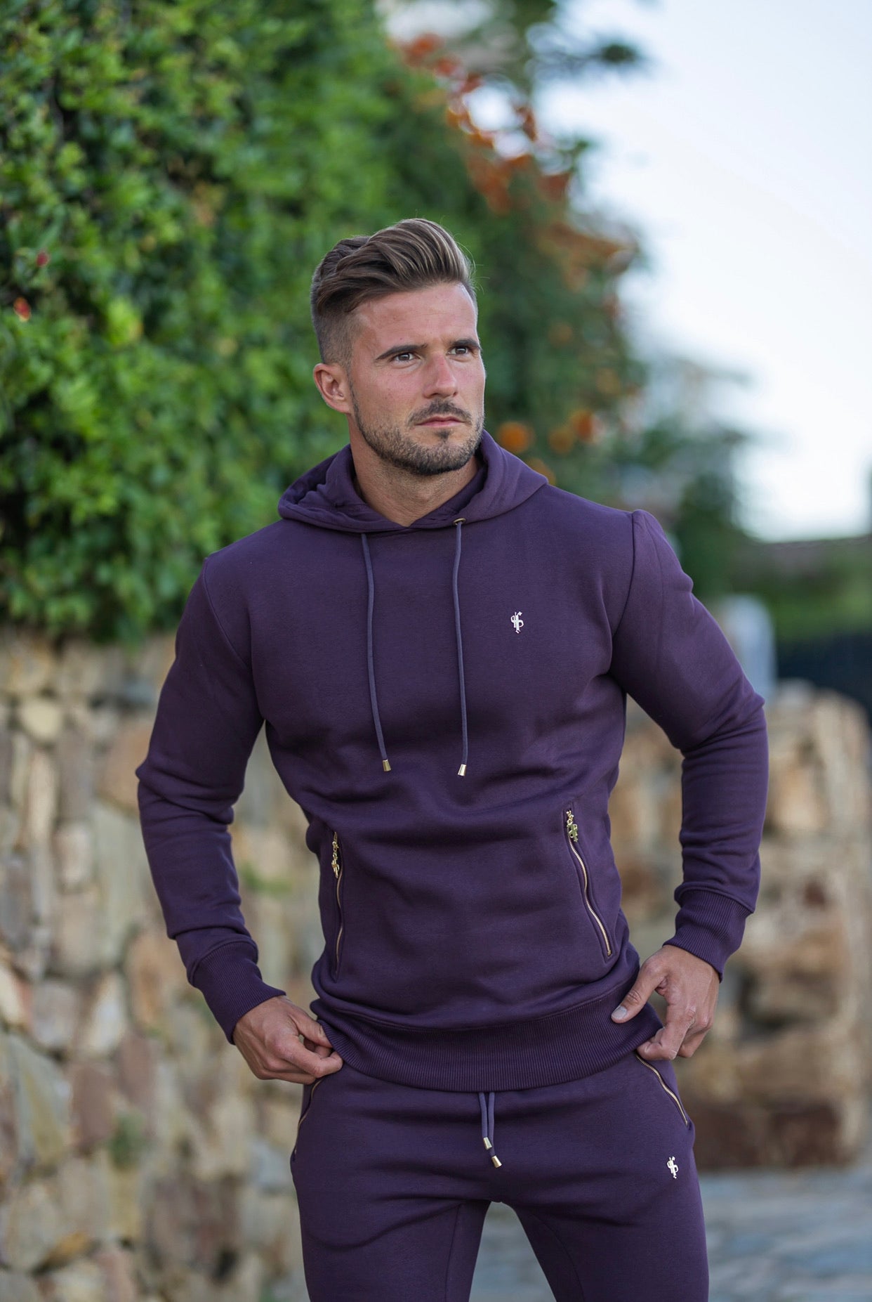 Plum / Purple & Gold Overhead Hoodie Top with Zipped Pockets - FSH485