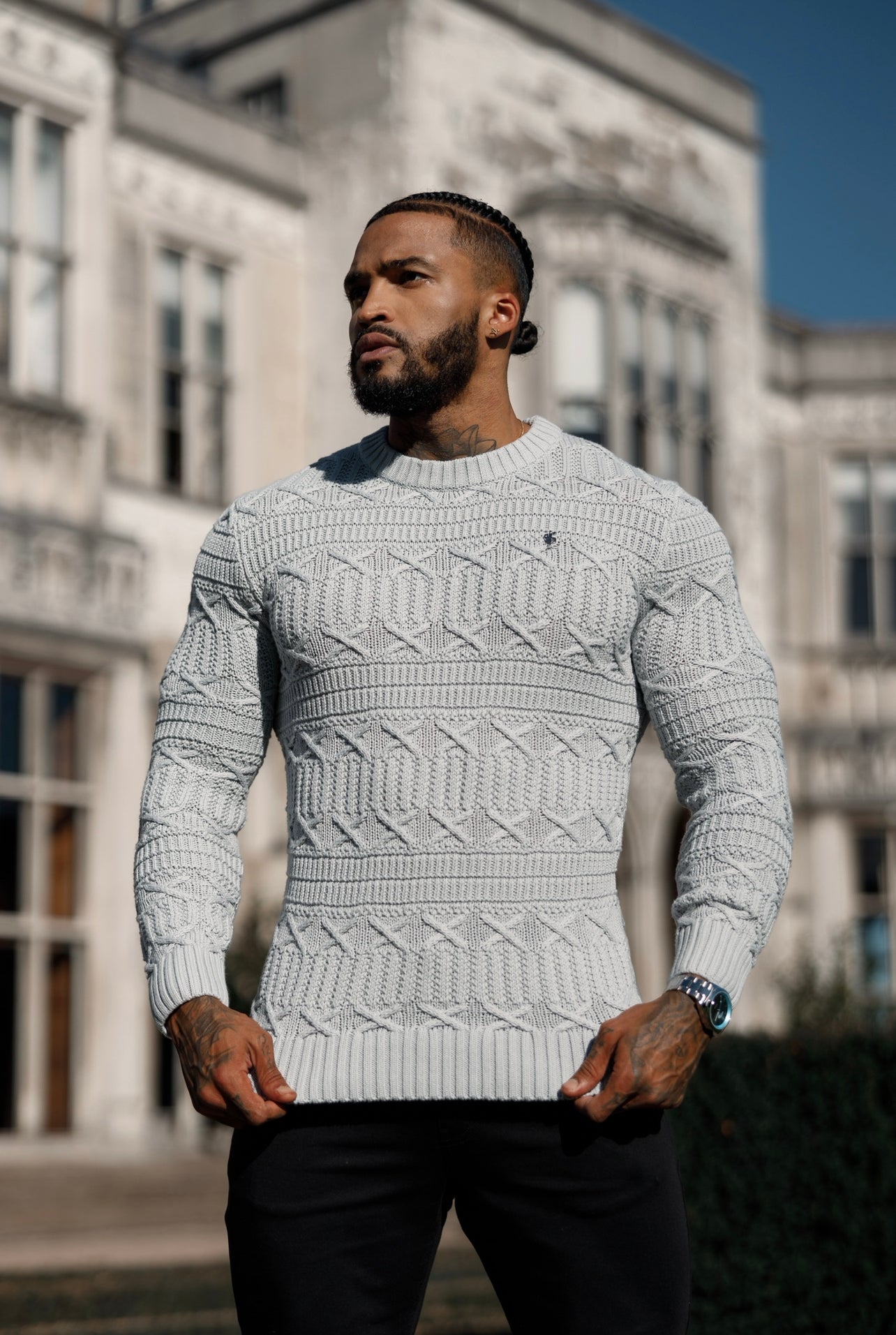 Grey Knitted Cable Link Crew Super Slim Jumper With Metal Decal - FSN072