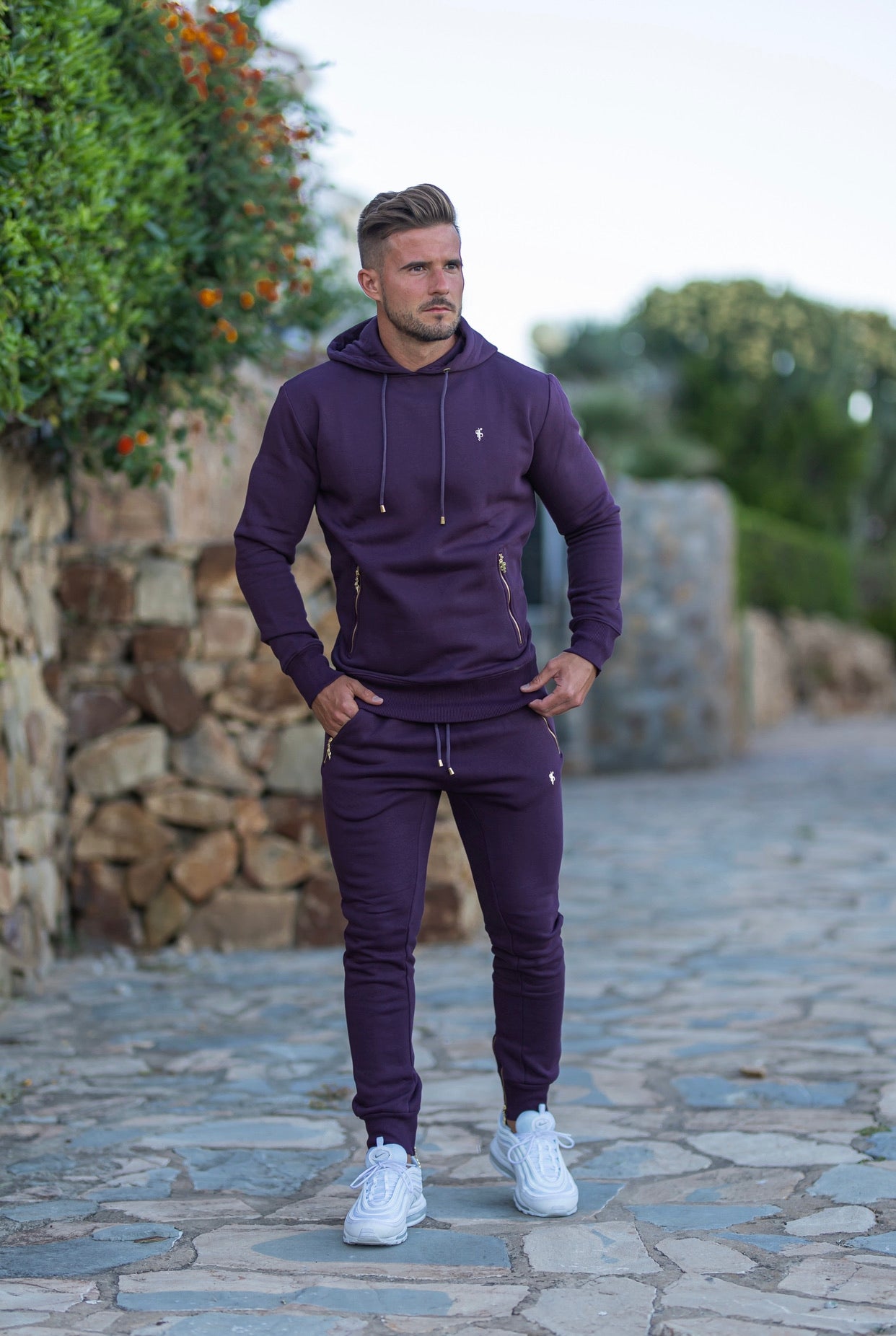 Plum / Purple & Gold Overhead Hoodie Top with Zipped Pockets - FSH485