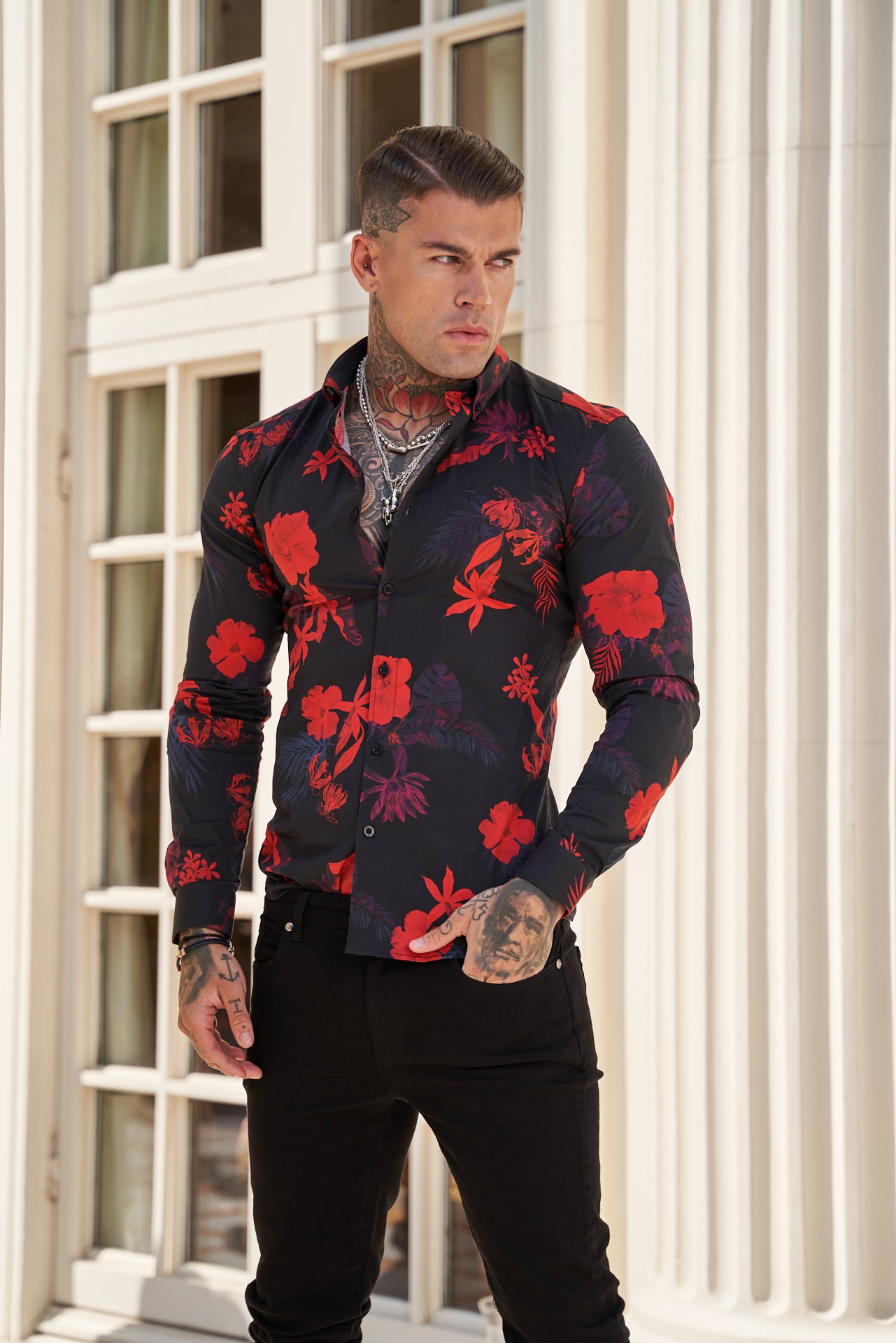 Super Slim Stretch Black and Red Floral Print Long Sleeve with Button Down Collar - FS770