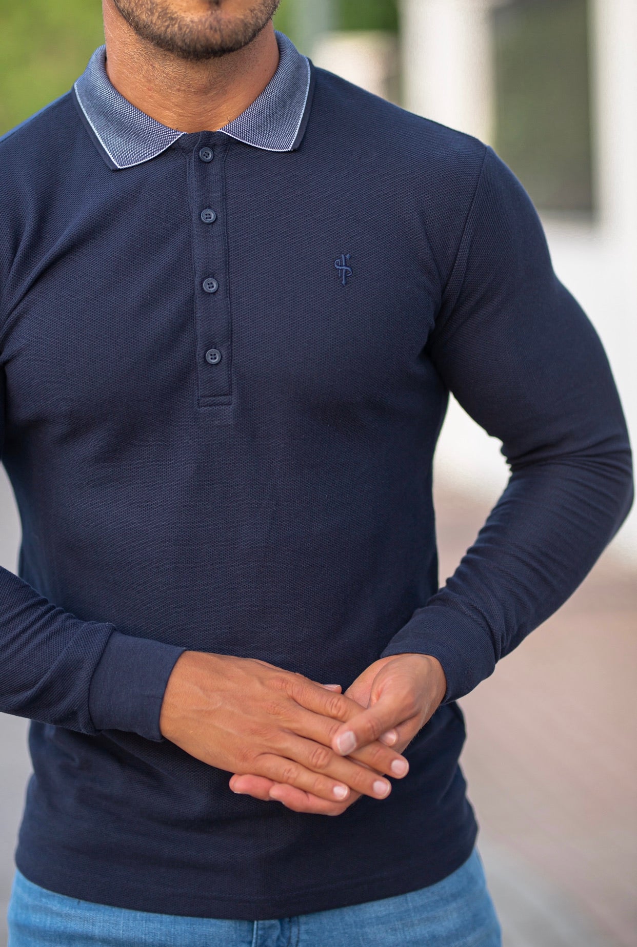 Classic Navy Honeycomb Textured Polo Shirt with Contrast Collar Long Sleeve - FSH425