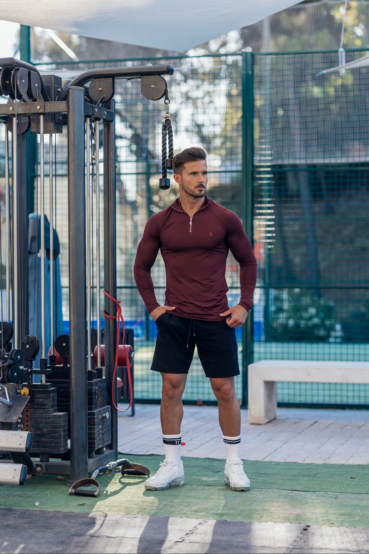 Long Sleeve Burgundy Half Zip Gym Top - FSH733