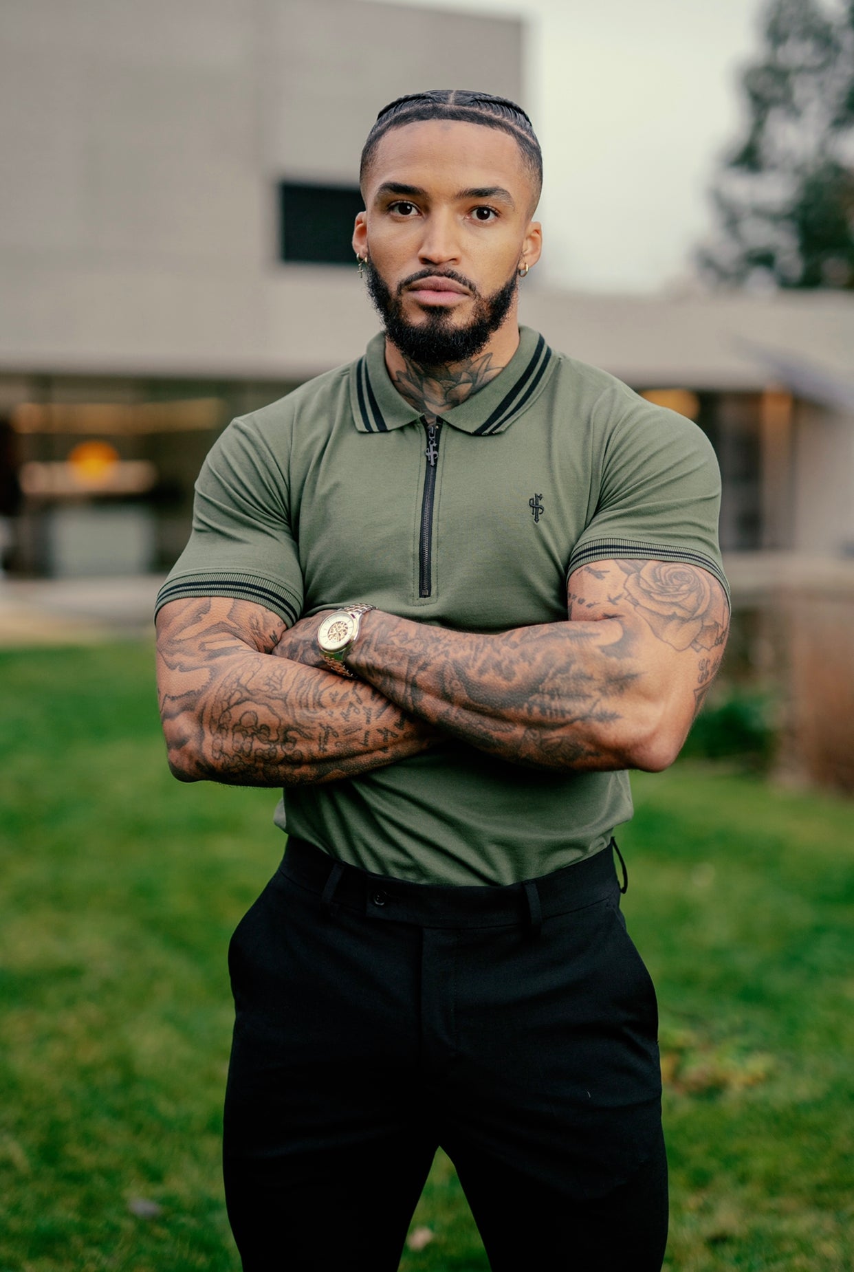 Khaki and Black Collar Contrast Zip Polo - FSH337