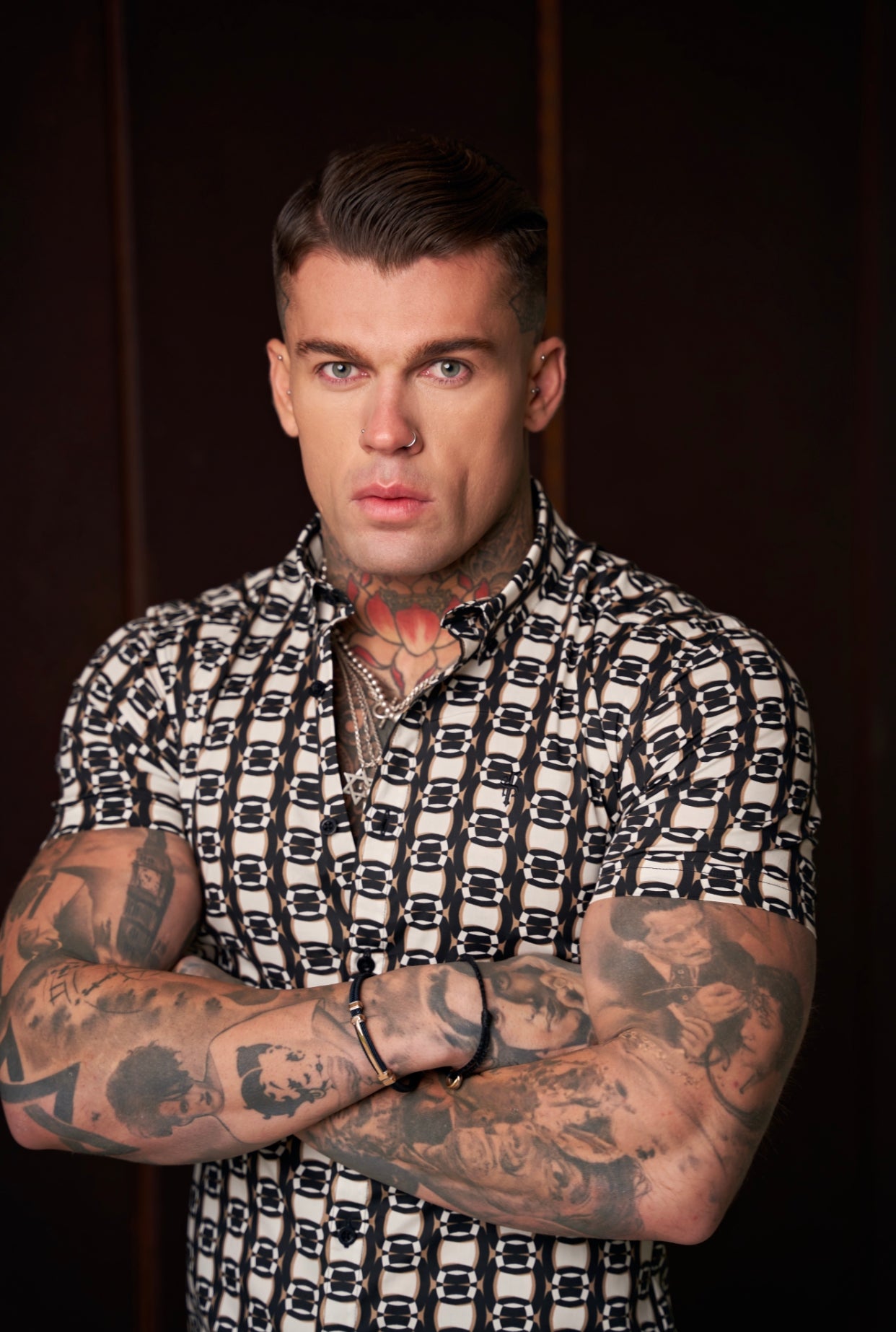 Super Slim Stretch Black / Cream / Taupe Link Print Short Sleeve with Button Down Collar - FS849