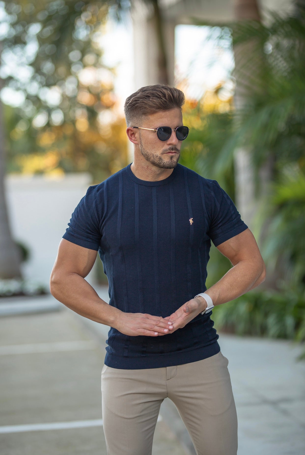 Classic Short Sleeve Navy Knitted Wide Rib Crew with Gold Emblem - FSH562
