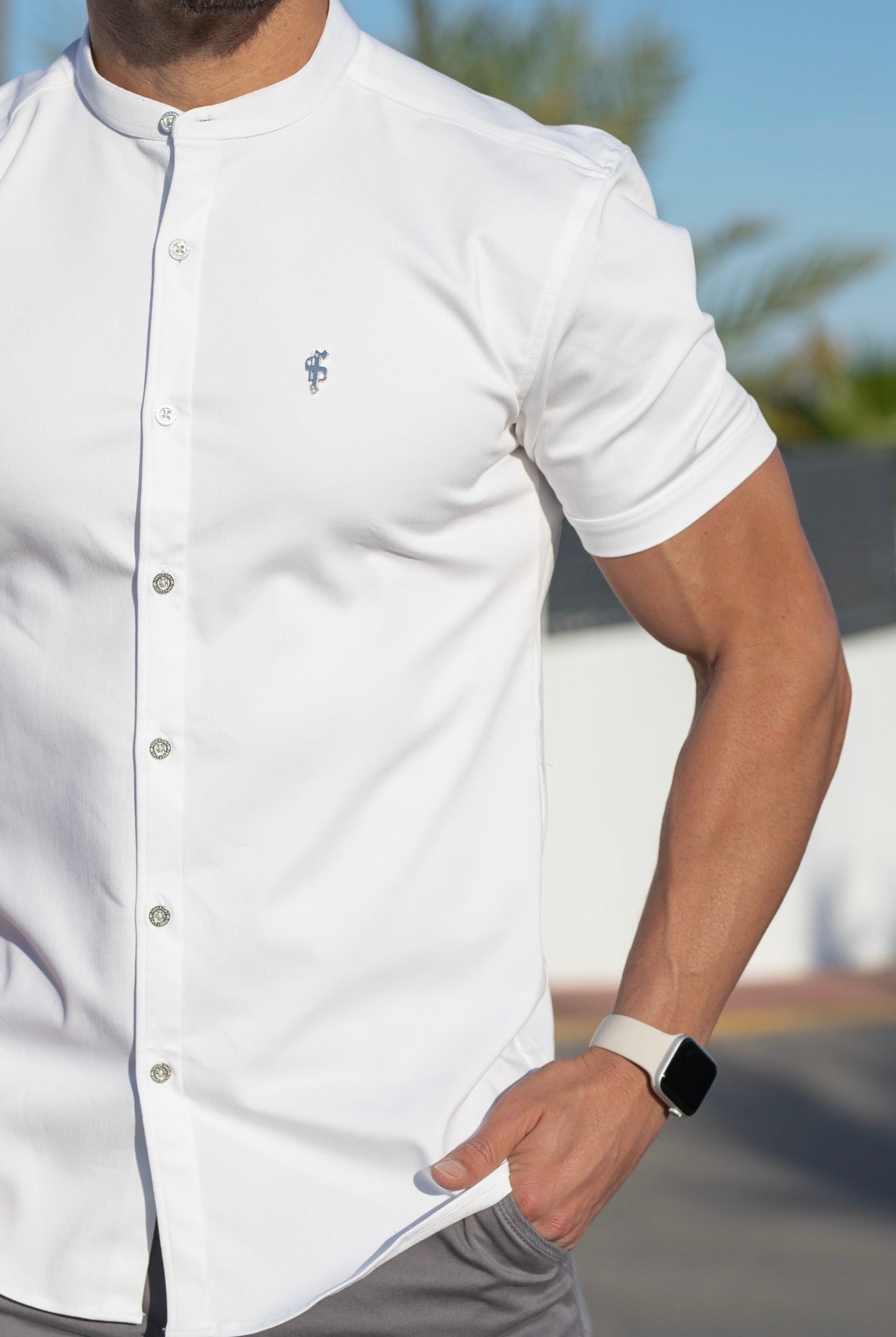 Super Slim Stretch White Denim Short Sleeve Grandad collar with Silver Metal Buttons and Decal Emblem - FS762