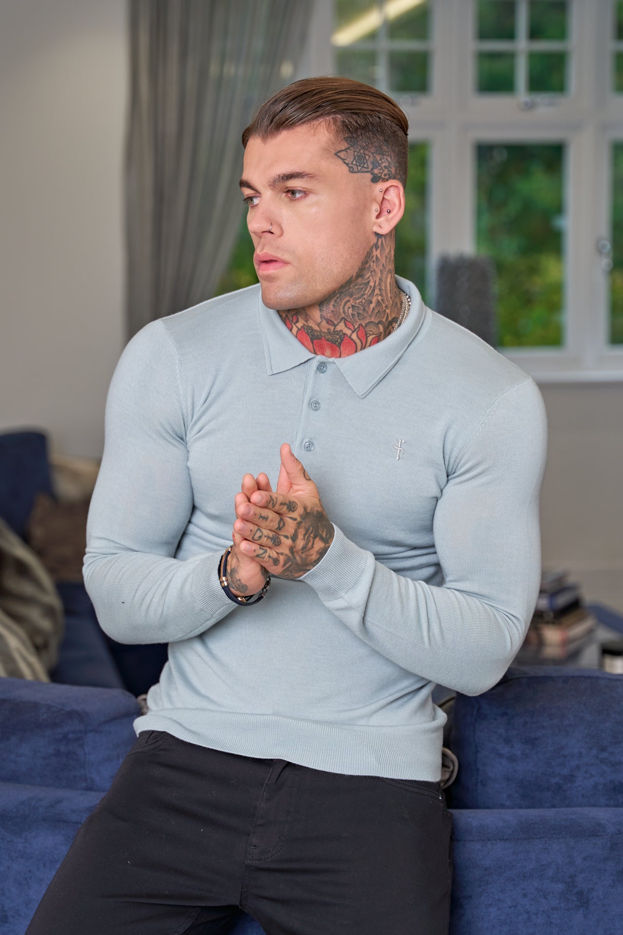 Classic Grey Merino Wool Knitted Polo Jumper Long Sleeve With FS Embroidery- FSN017