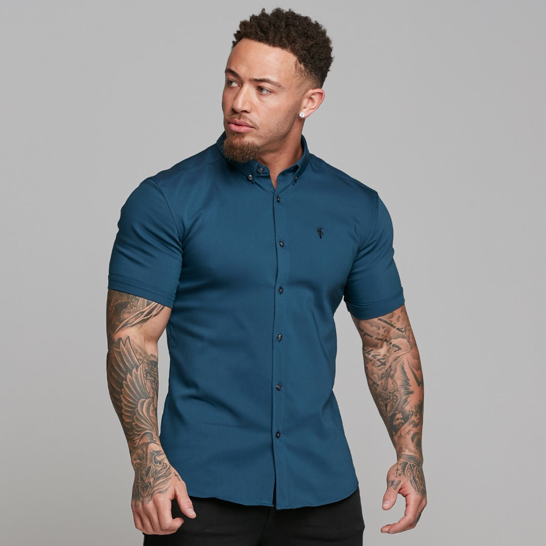 Super Slim Ultra Stretch Classic Teal Short Sleeve (Charcoal Buttons) - FS485
