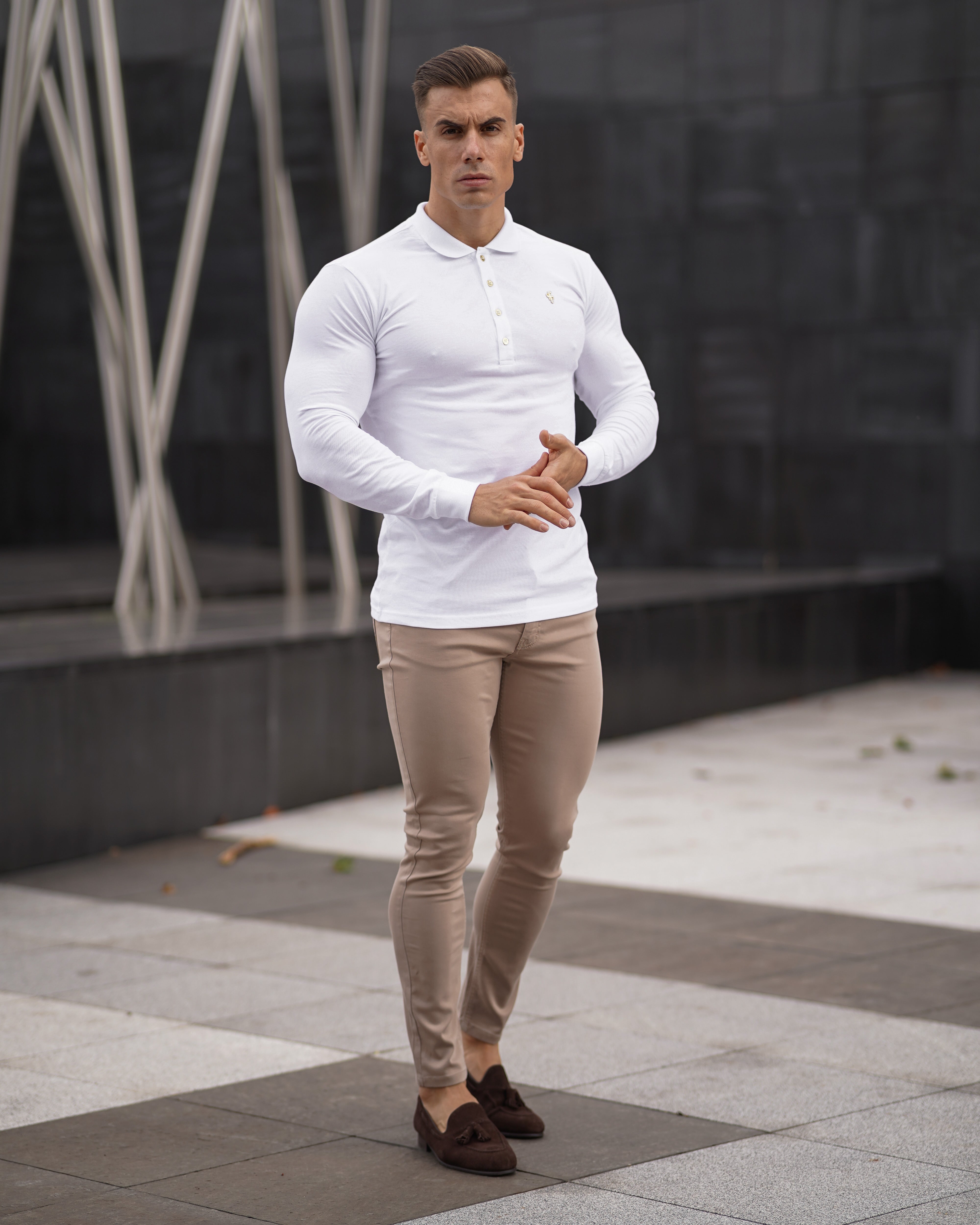 Classic White Long Sleeve Polo Shirt with Gold Metal Emblem Decal & Buttons - FSH515