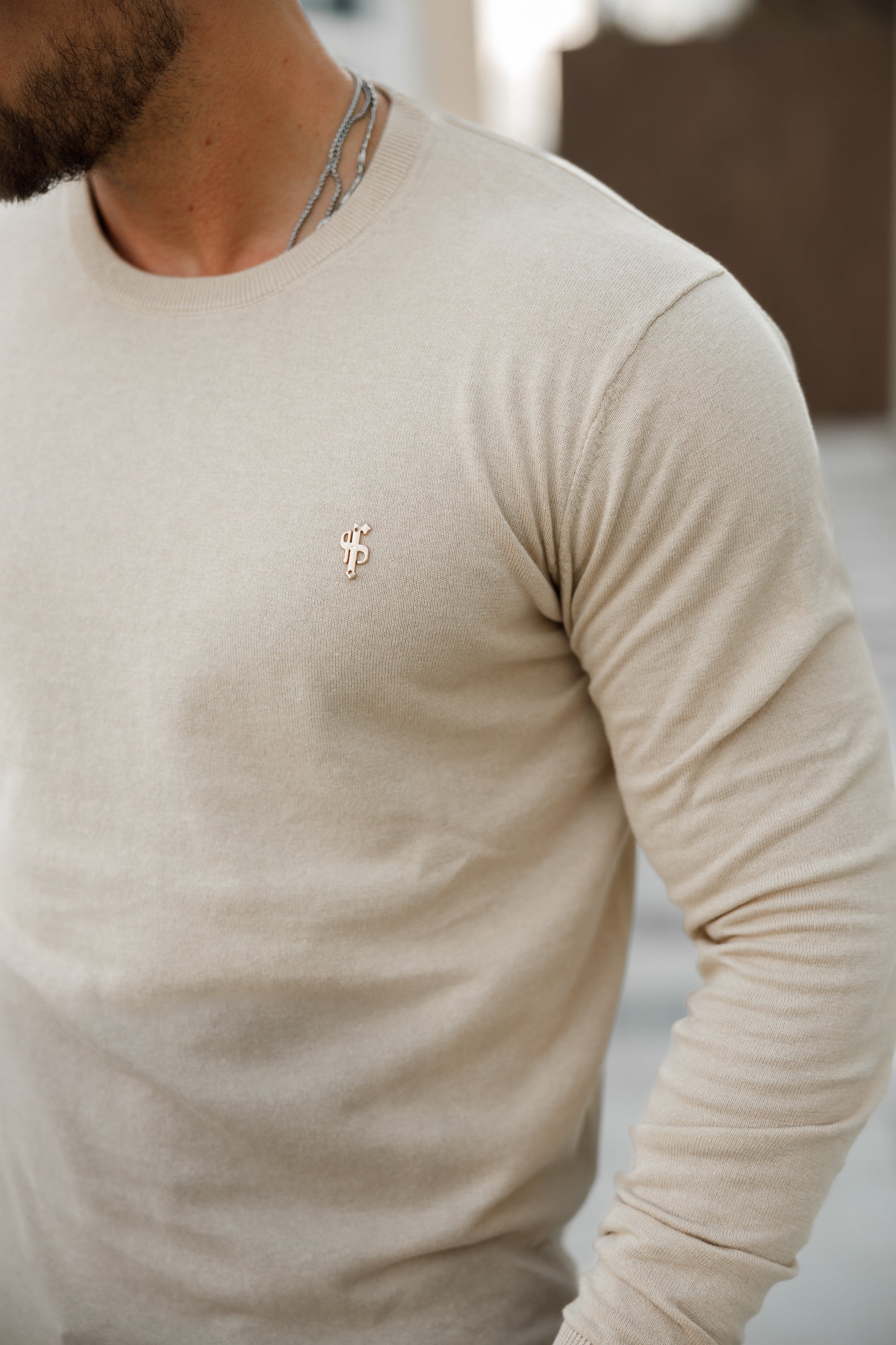 Classic Beige Light Weight Knitted Crew Neck with Gold Metal Decal - FSN093