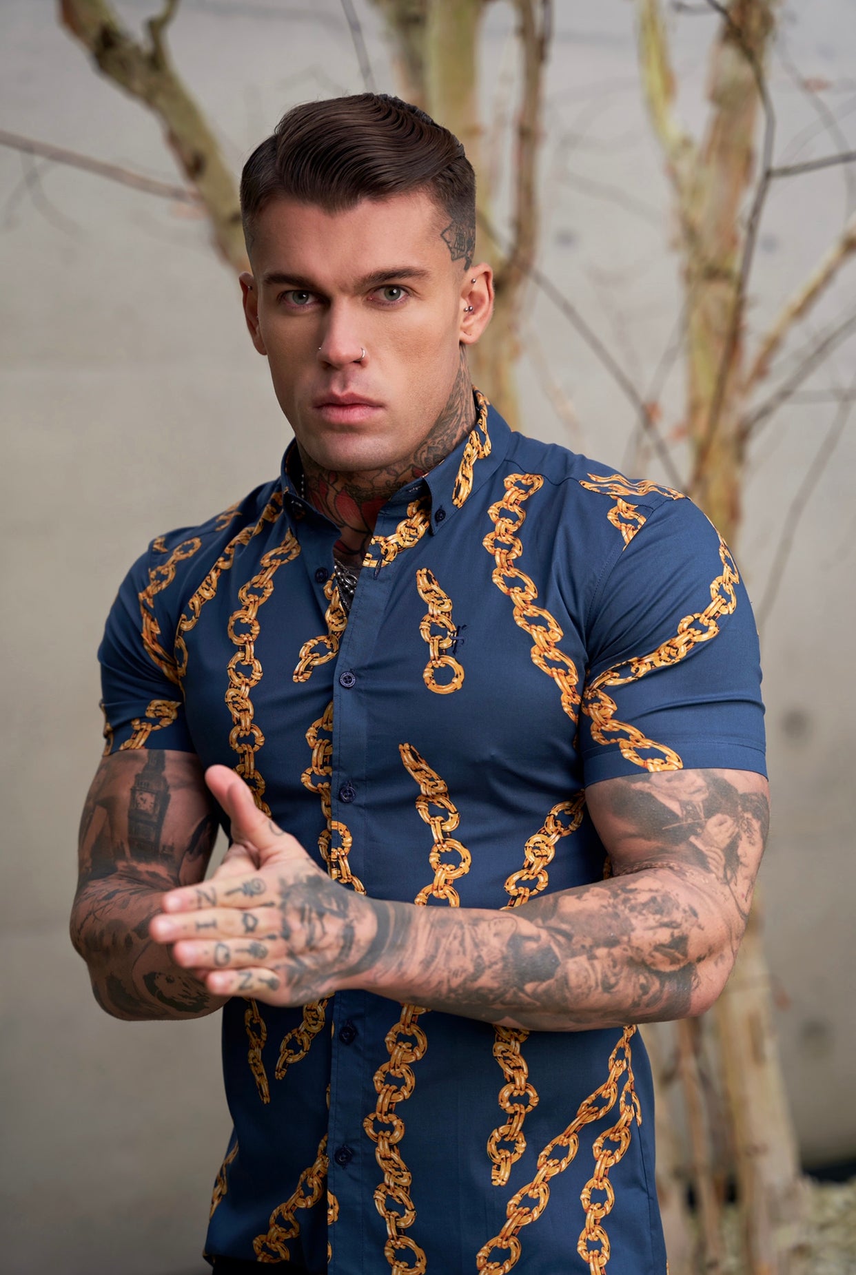Super Slim Stretch Airforce Blue / Gold Chain Print Short Sleeve with Button Down Collar - FS860