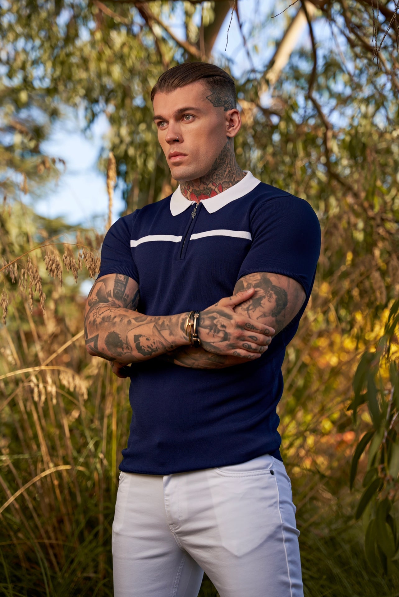 Classic Navy / White Horizontal Stripe Zipped Polo Short Sleeve - FSN039