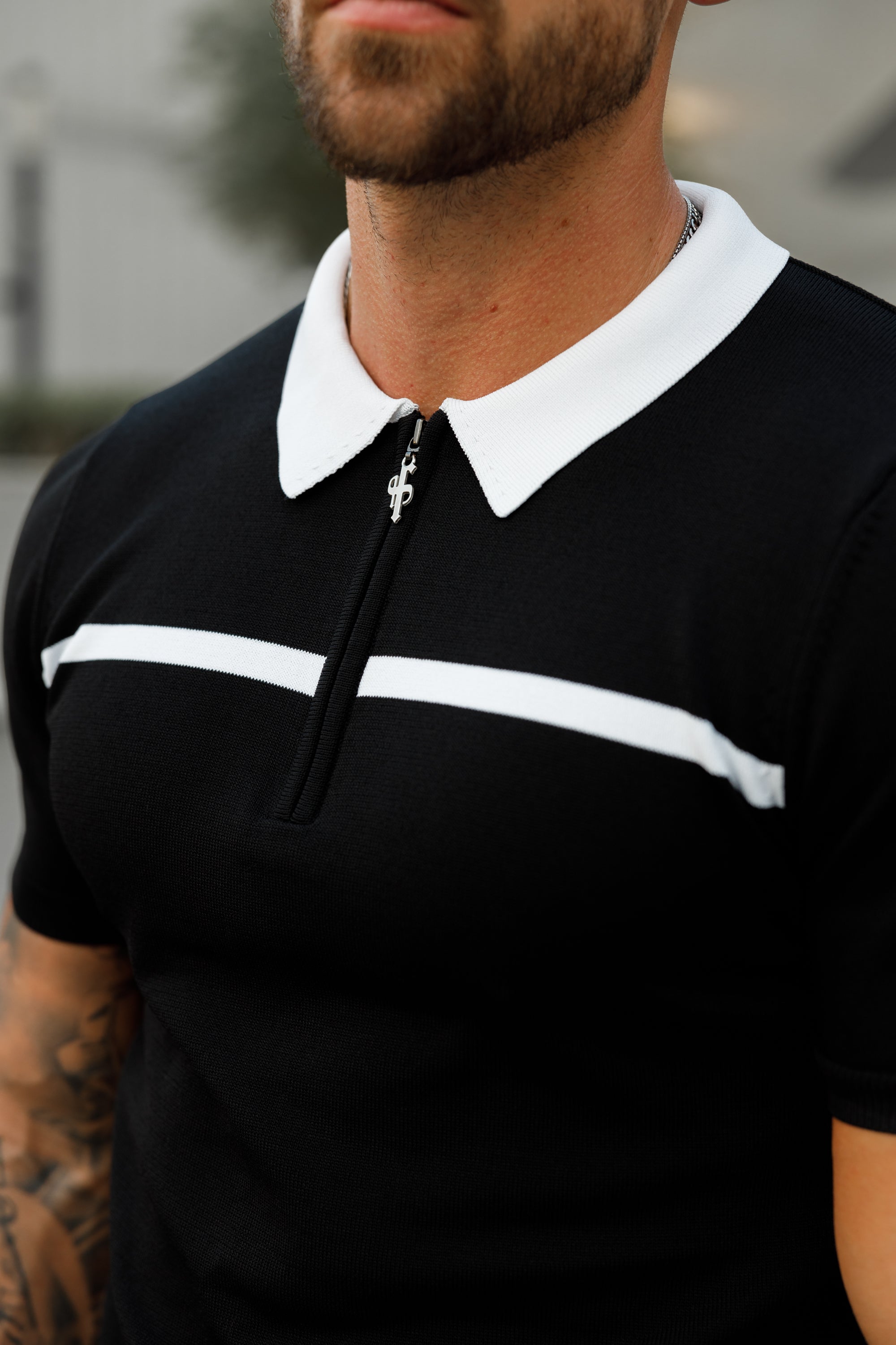 Classic Black / White Horizontal Stripe Zipped Polo Short Sleeve - FSN038