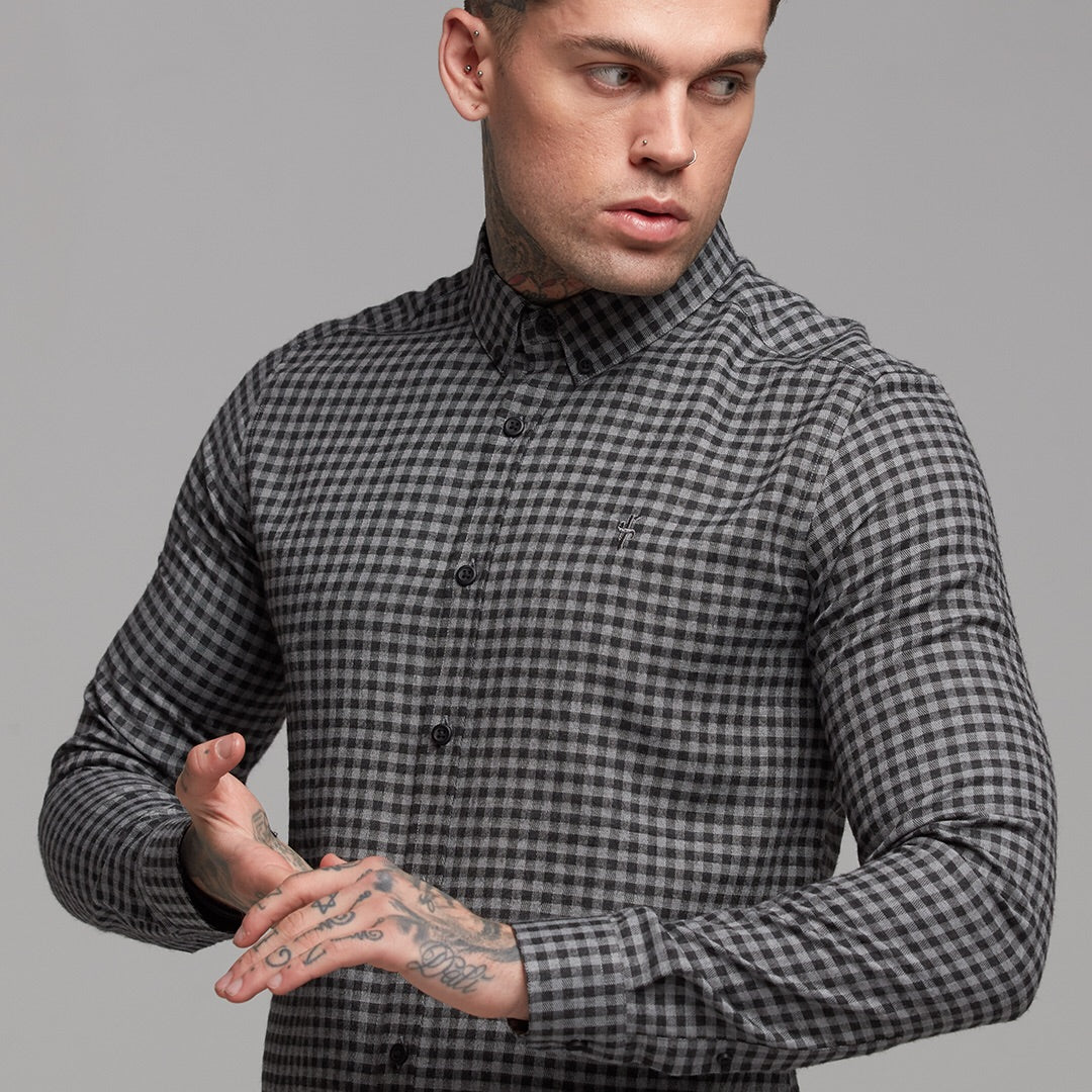 Classic Black & Grey Brushed Check Long Sleeve (Grey Emblem) - FS411