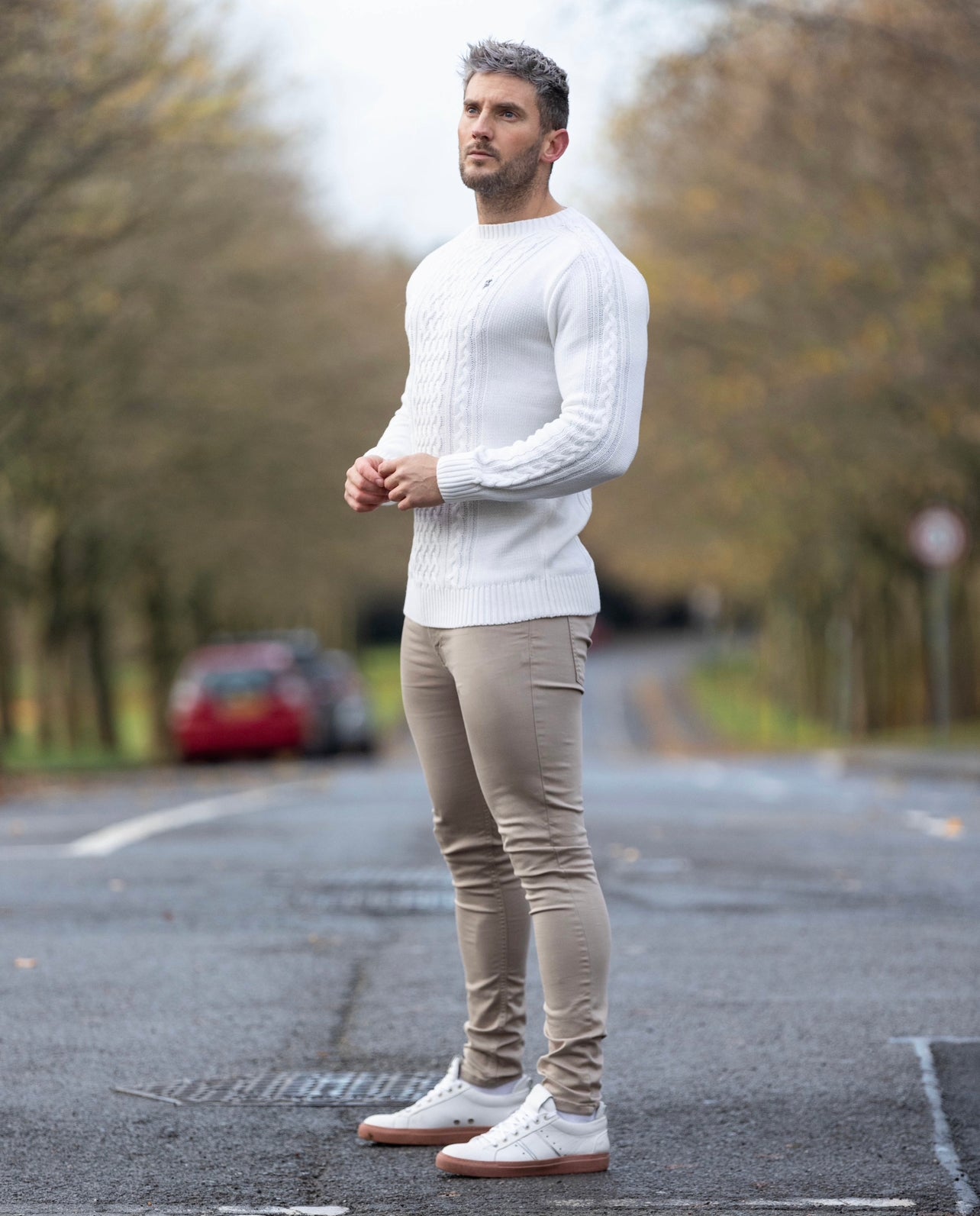 Off White Knitted Cable Saddle Crew Super Slim Jumper With Metal Decal - FSN075