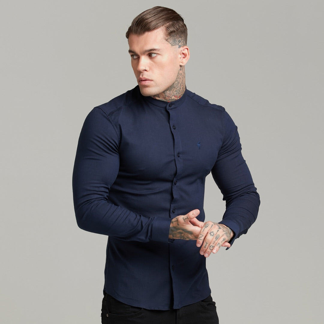 Super Slim Stretch Grandad Collar Classic Navy Oxford Long Sleeve - FS583