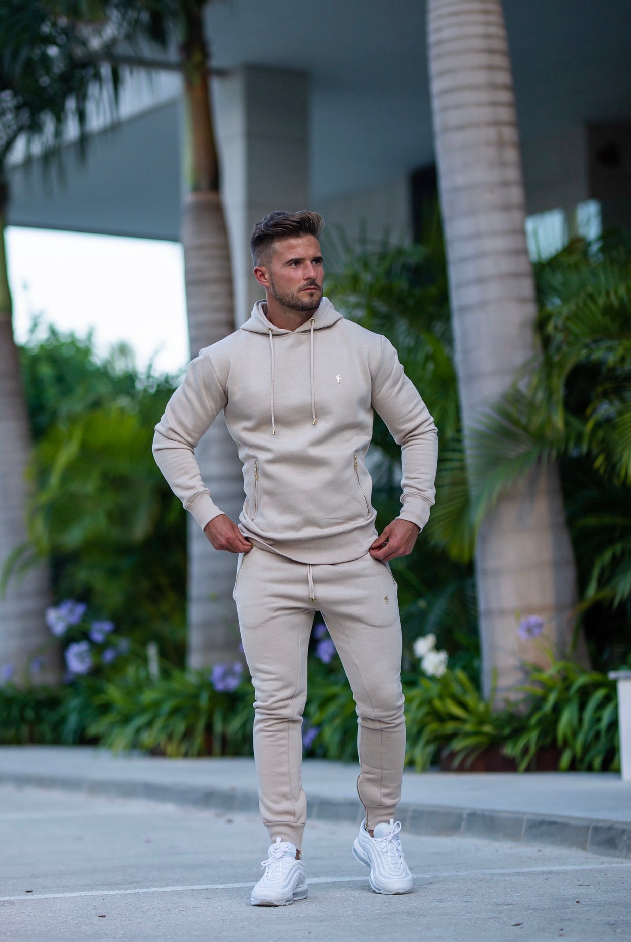 Beige & Gold Overhead Hoodie Top with Zipped Pockets - FSH483